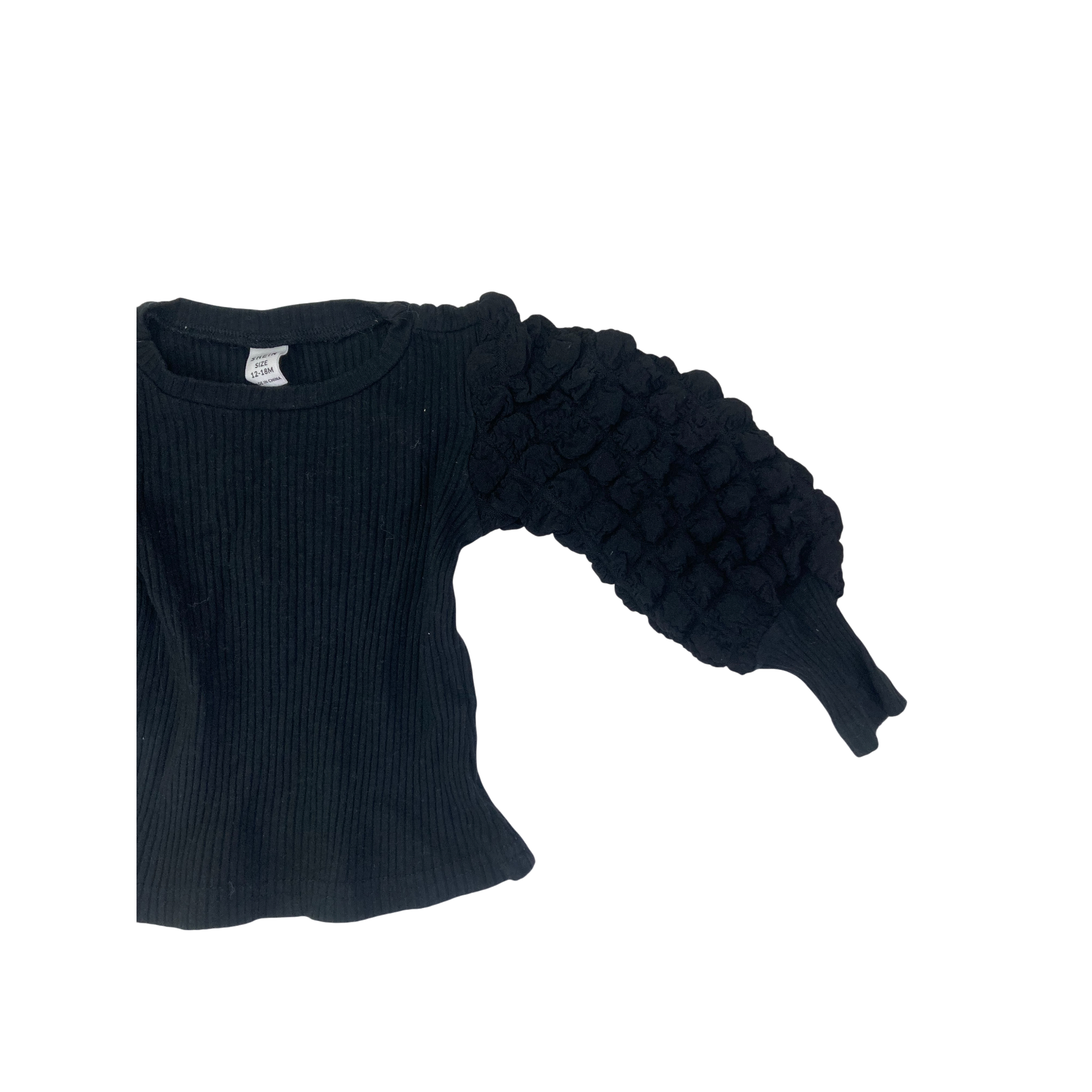 12-18M Black Ribbed Bubble Sleeve Top - Shein