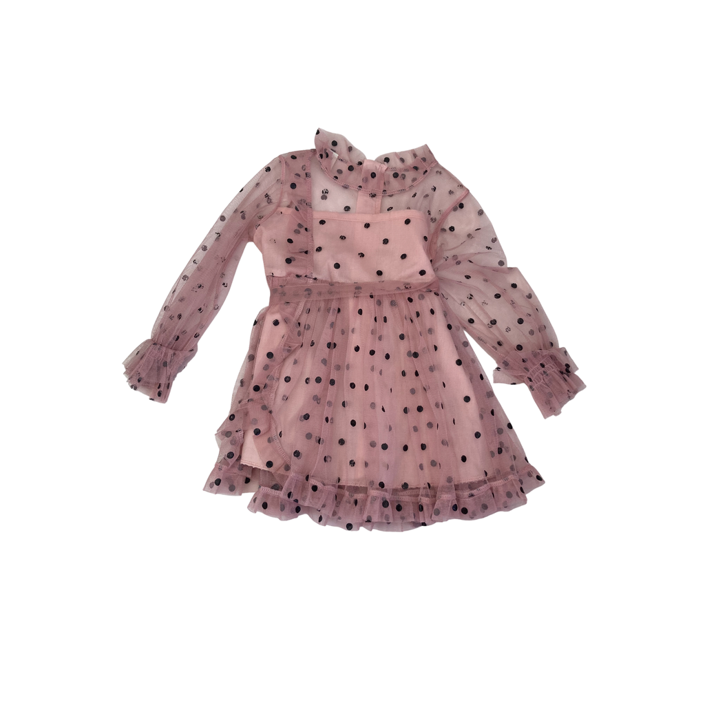 1-2Y Light Pink & Black Tulle Dotted Dress - Shein