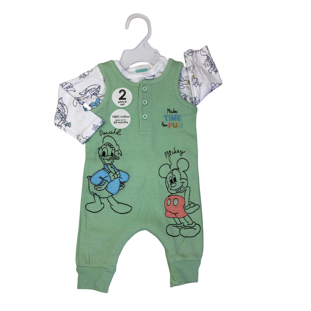 Newborn Mint Green Waffle Knit Mickey & Donald Overall & Bodysuit - Disney