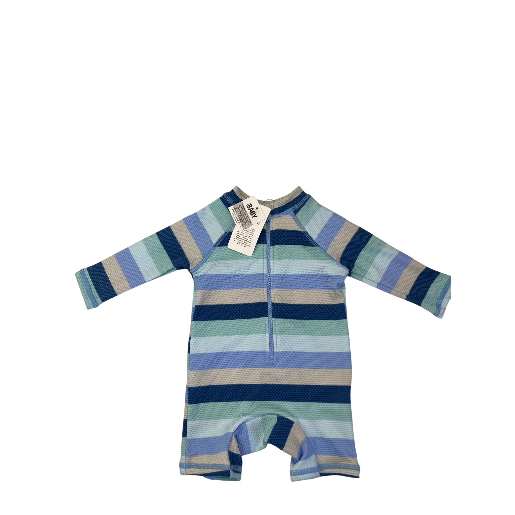 3-6M Blue & Cream Stripe Long Sleeve Cameron Swimsuit - Cotton On
