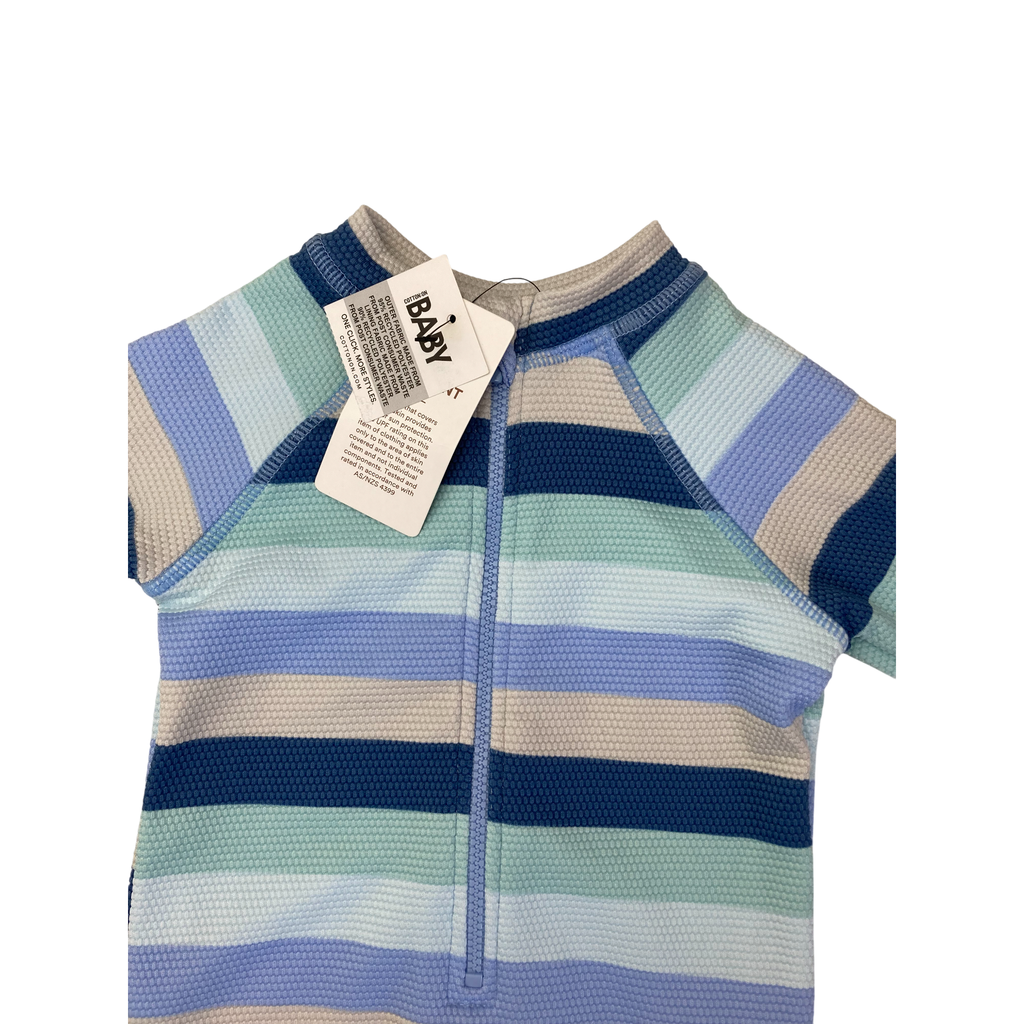 3-6M Blue & Cream Stripe Long Sleeve Cameron Swimsuit - Cotton On
