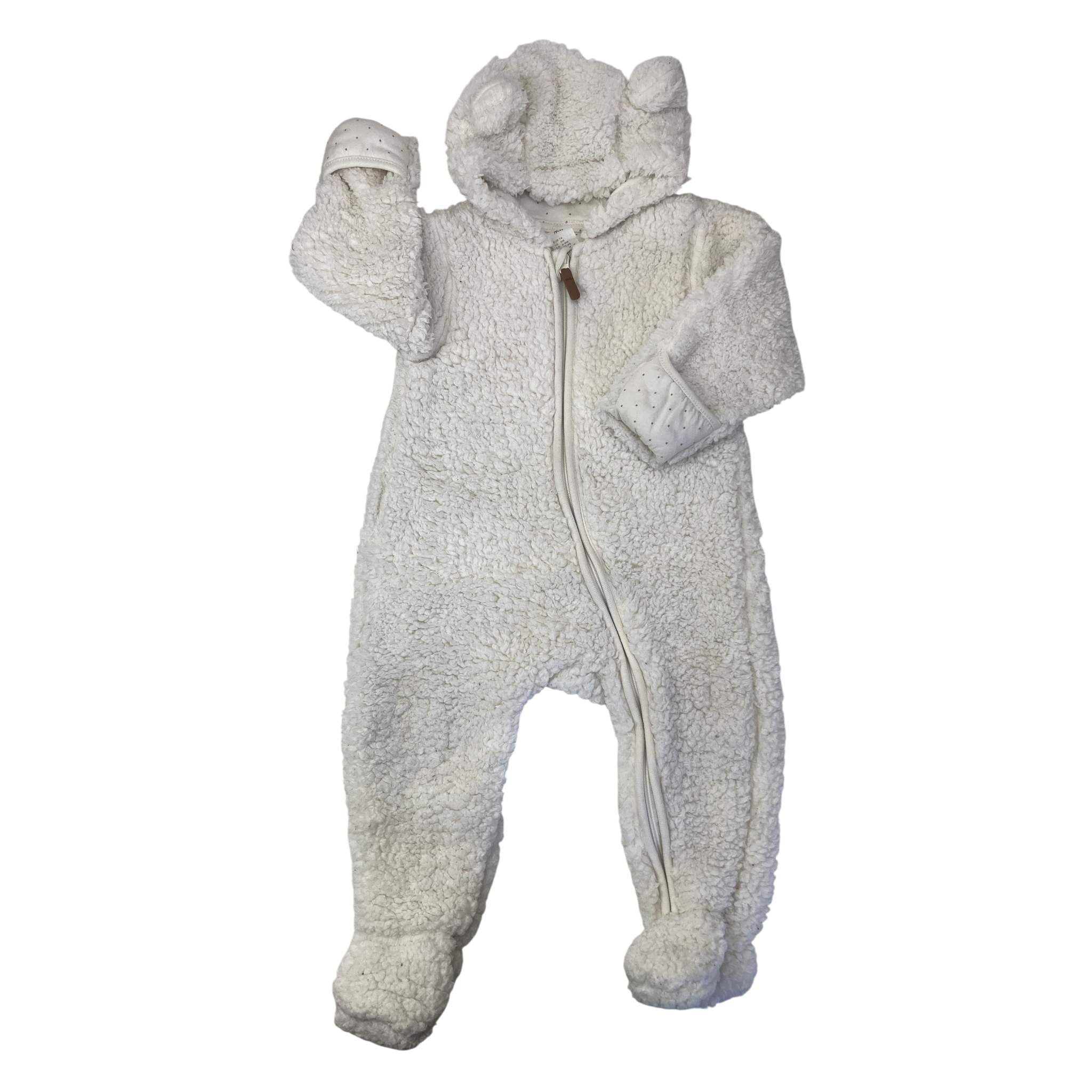 UK 6-9M Cream Teddy Fleece Zip Hooded Onesie - H&M