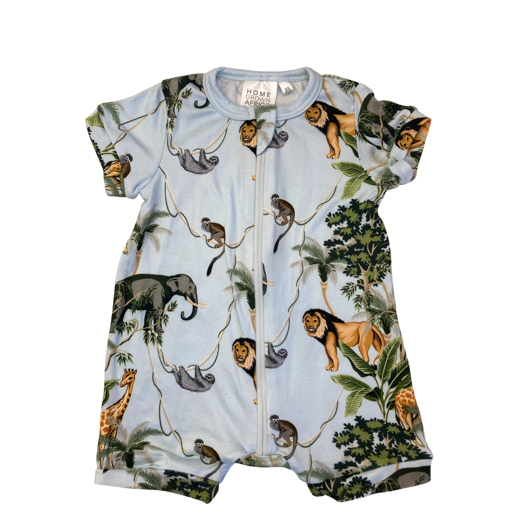 0-3M Light Blue Jungle Zip Romper - Home Grown