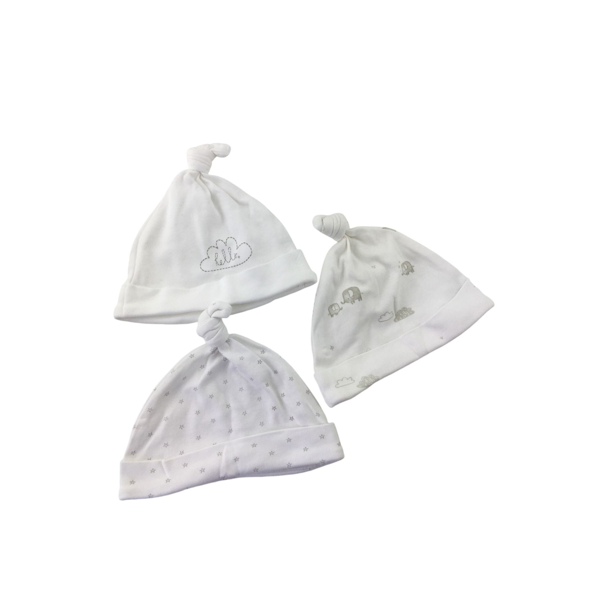 0-6M Grey & White Knotted Elephant Set Of Three Beanies