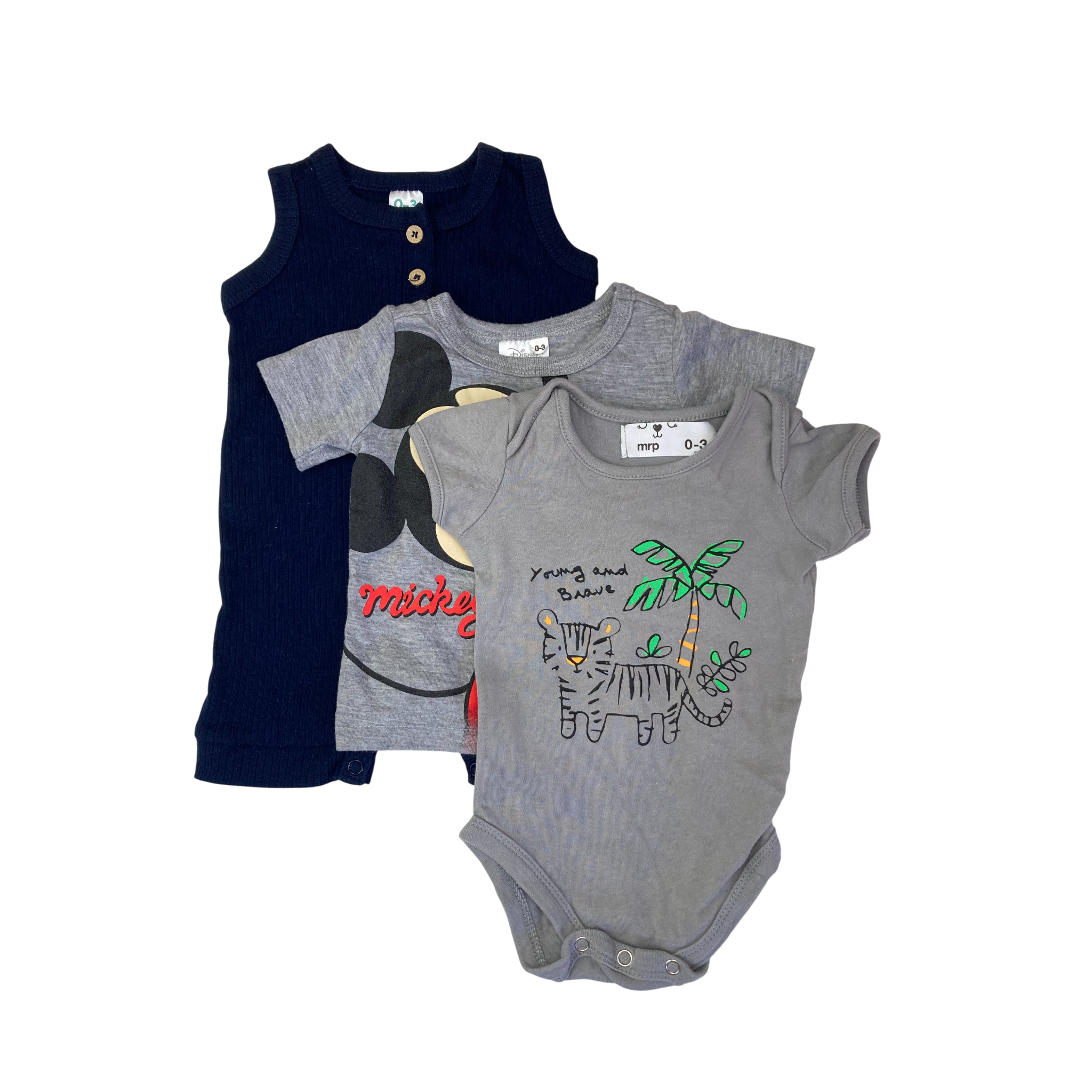 0-3M Navy Blue Romper, Grey Bodysuit & Mickey T Shirt - Mr Price, Cuddlesome