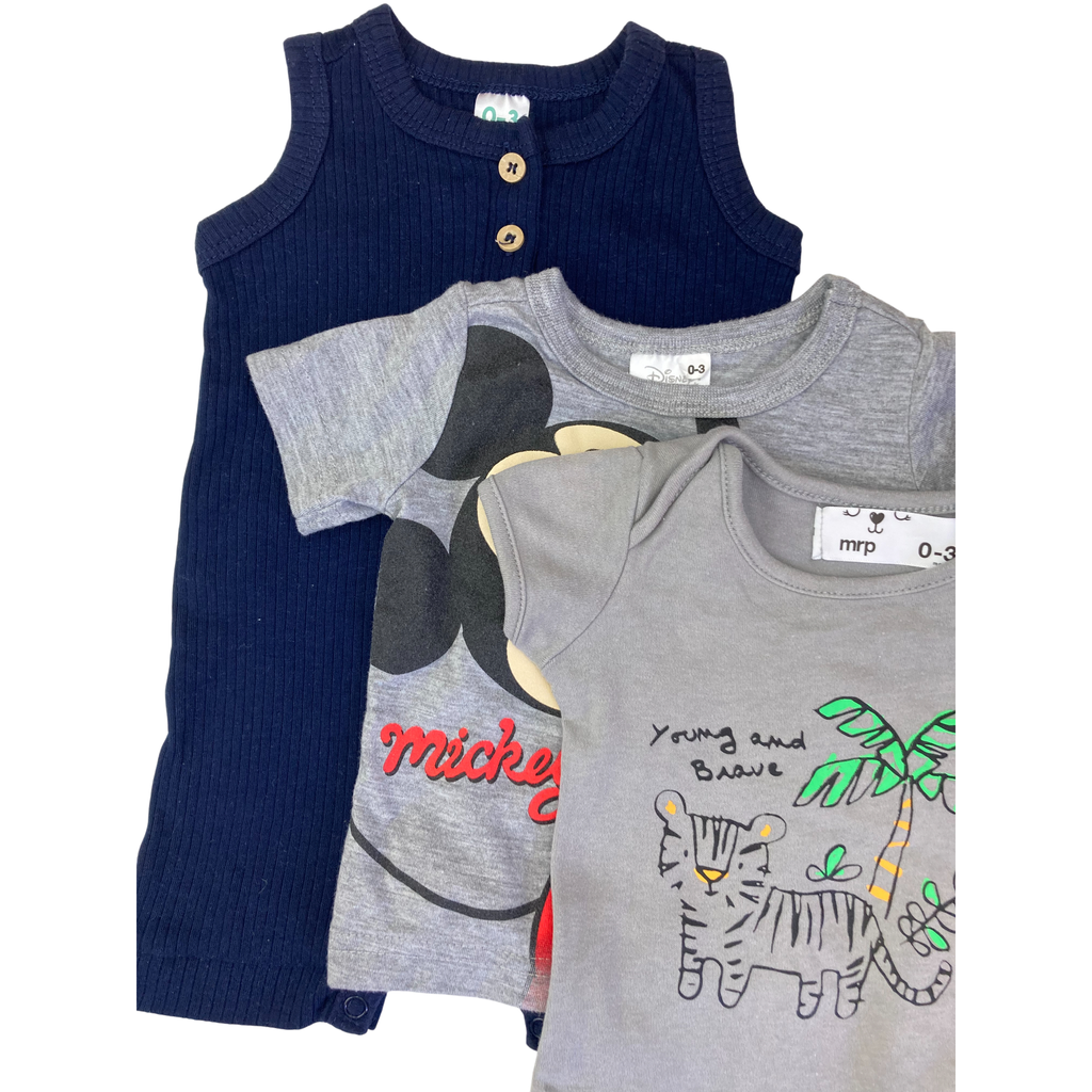 0-3M Navy Blue Romper, Grey Bodysuit & Mickey T Shirt - Mr Price, Cuddlesome