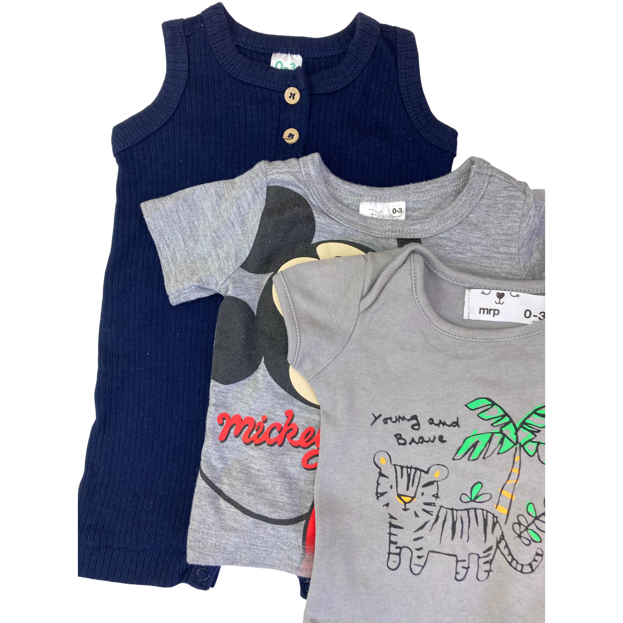 0-3M Navy Blue Romper, Grey Bodysuit & Mickey T Shirt - Mr Price, Cuddlesome
