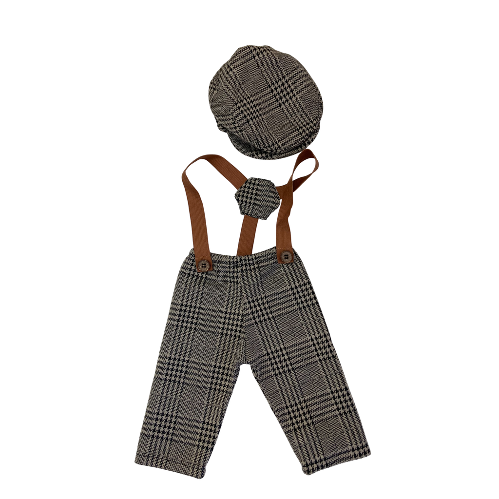 0-1M Brown & Black Houndstooth Suspender Pants & Newsboy Cap - Shein