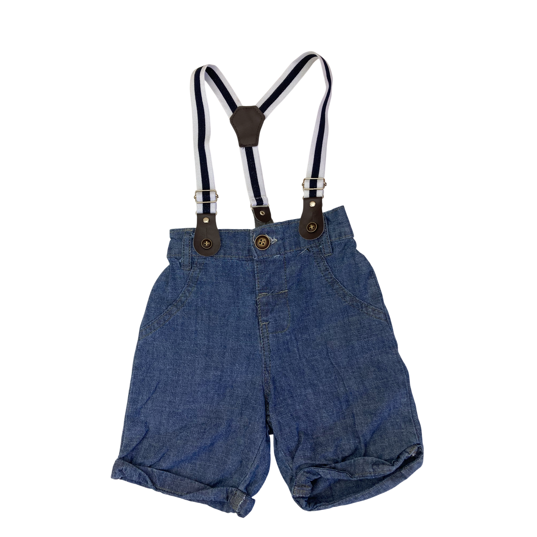 6-12M Blue Chambray Suspender Shorts - Ackermans