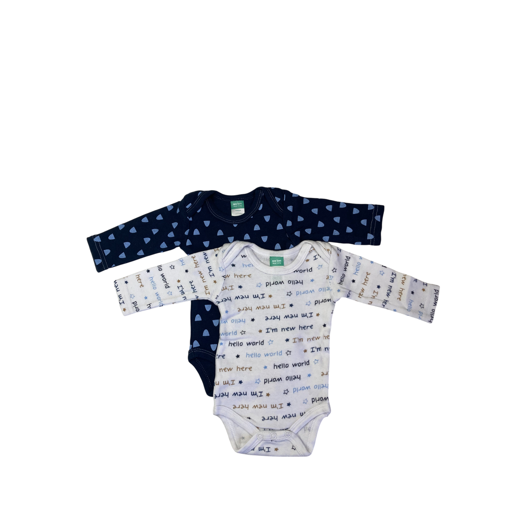 Newborn White & Navy Blue Long Sleeve Bodysuits - Ackermans