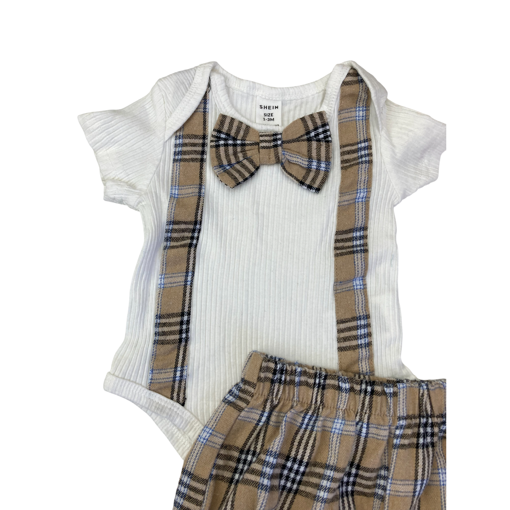 1-3M Cream & Check Bow Tie Romper & Shorts - Shein