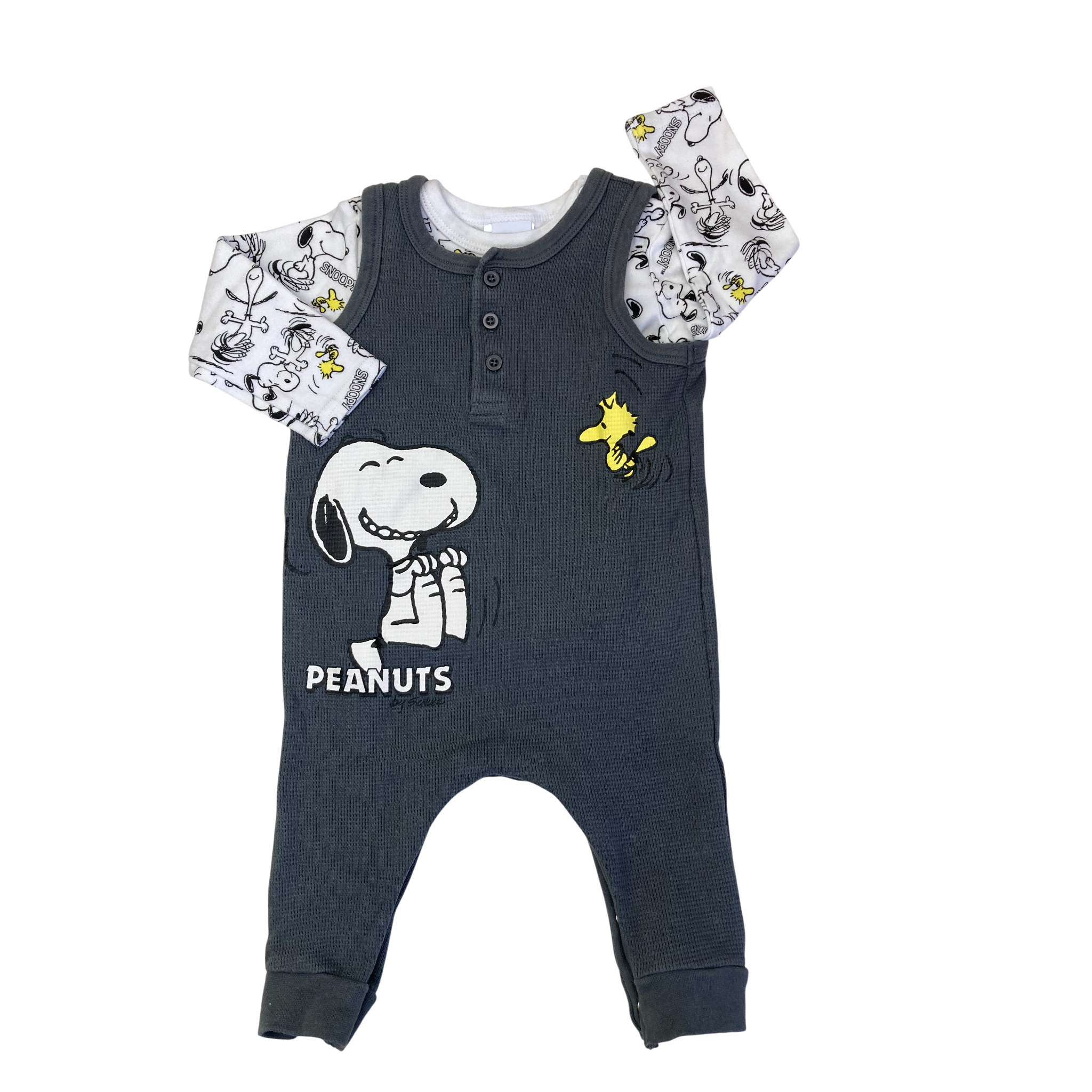6-12M Snoopy Grey Waffle Knit Overall & Bodysuit - Cuddlesome