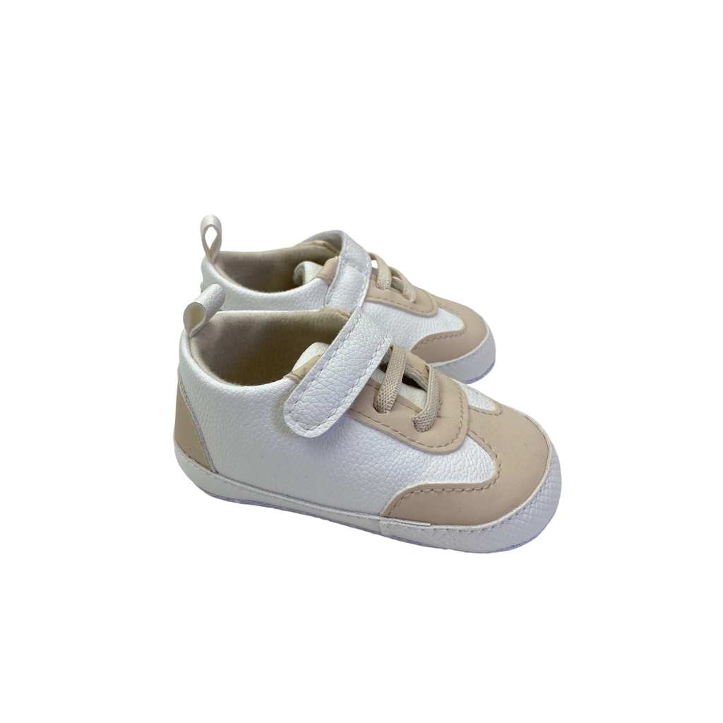 0-3M White & Beige Pleather Soft Sole Sneaker