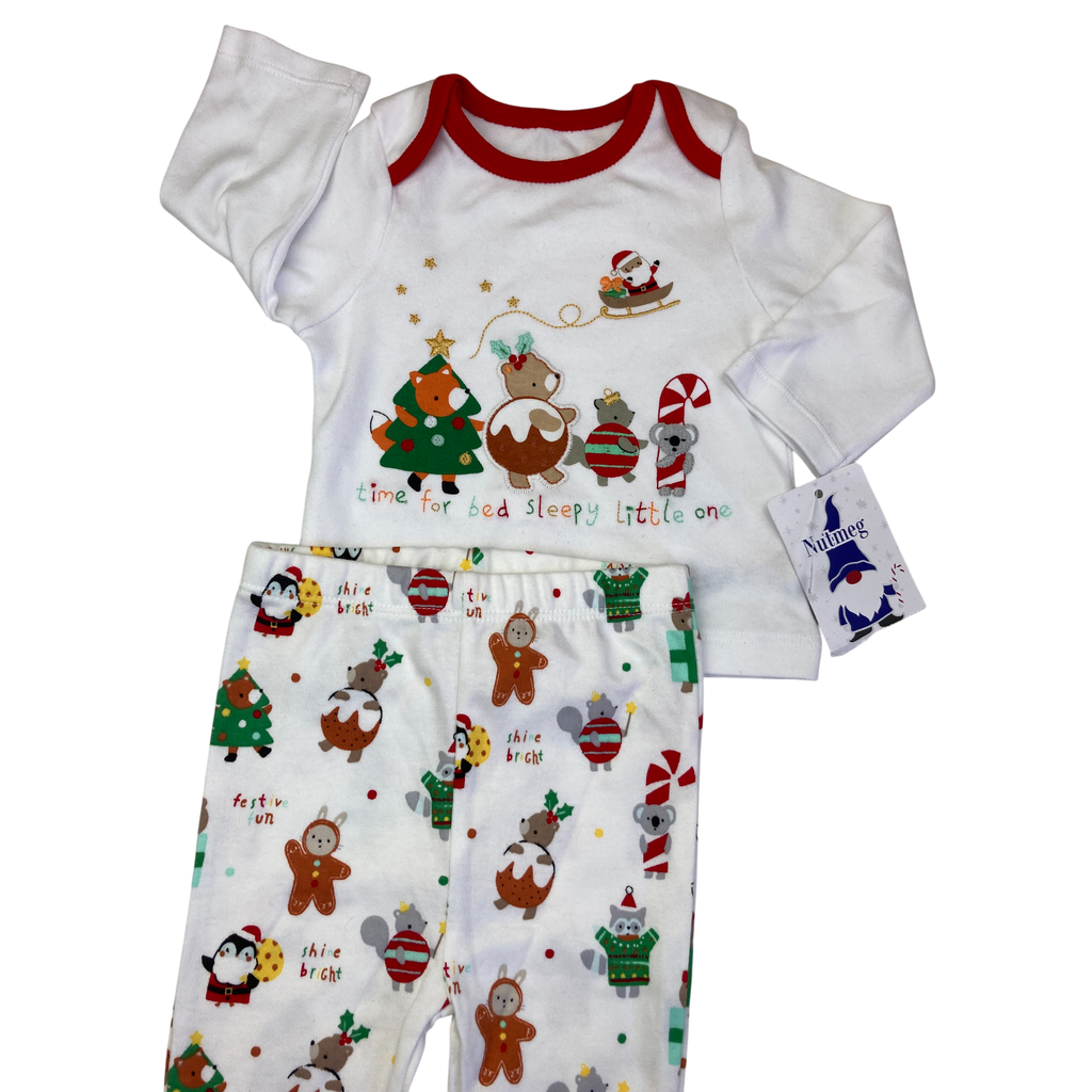 3-6M White & Red Christmas Long Sleep Set - Nutmeg