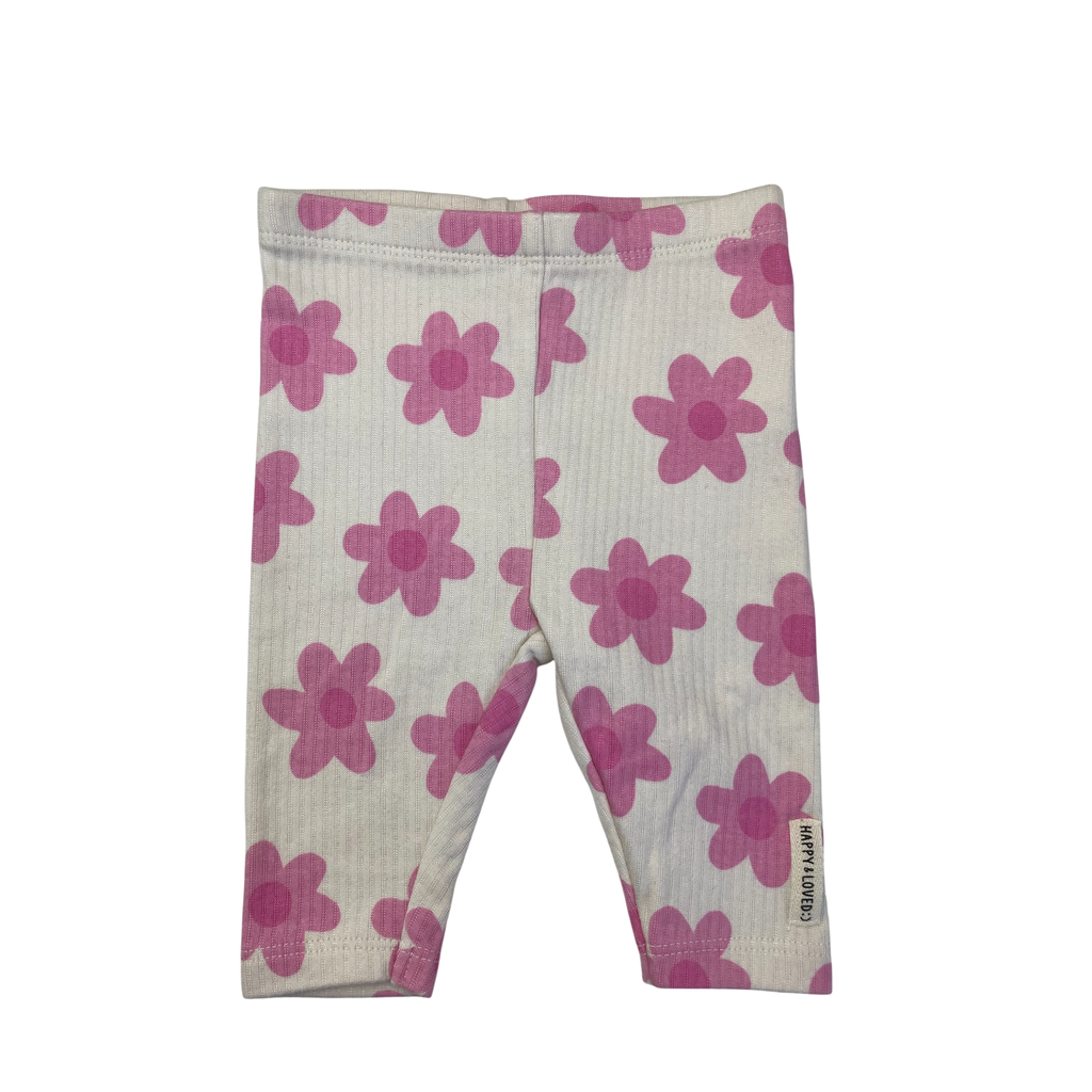 1-3M Cream & Pink Daisy Ribbed Leggings - Woolworths