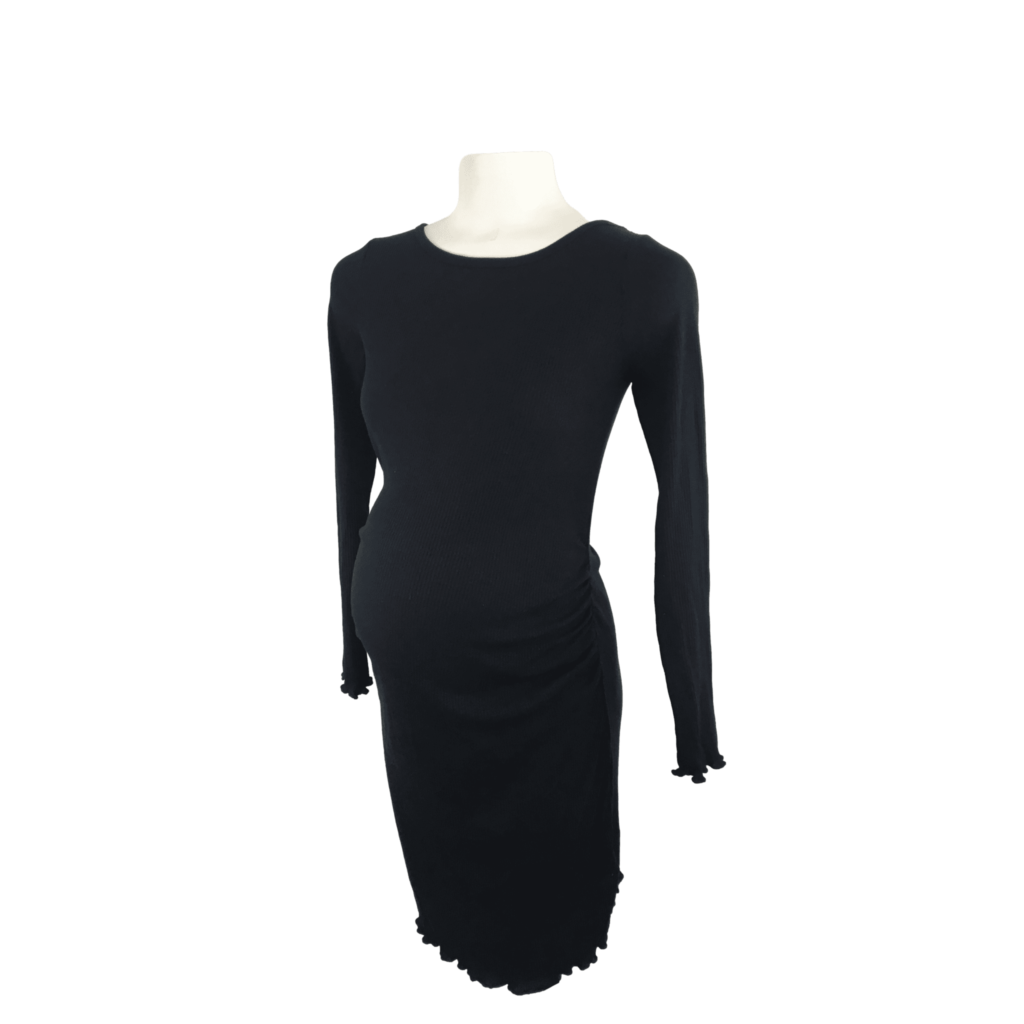Size S Black Ribbed Long Sleeve Lettuce Hem Maternity Dress - Cotton On