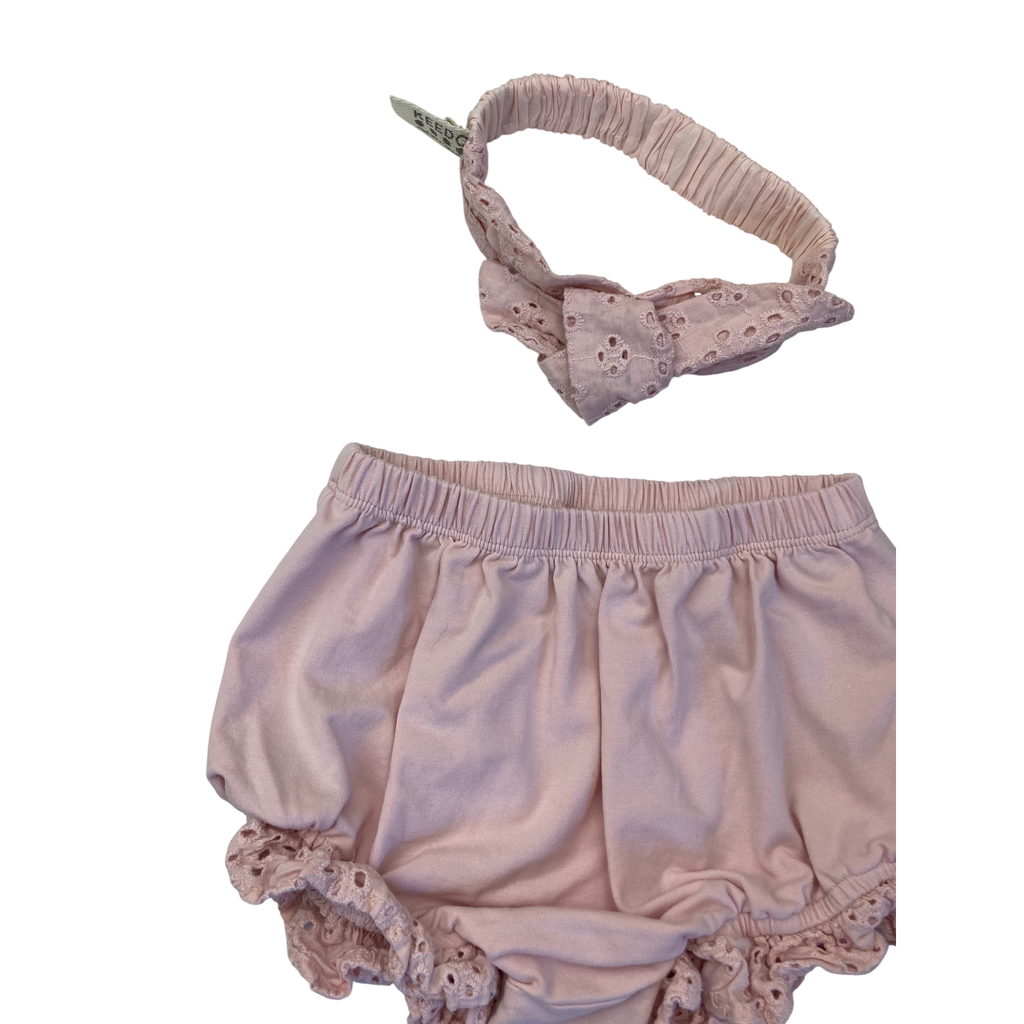 18-24M Light Pink Eyelet Trim Bloomer & Headband - Keedo