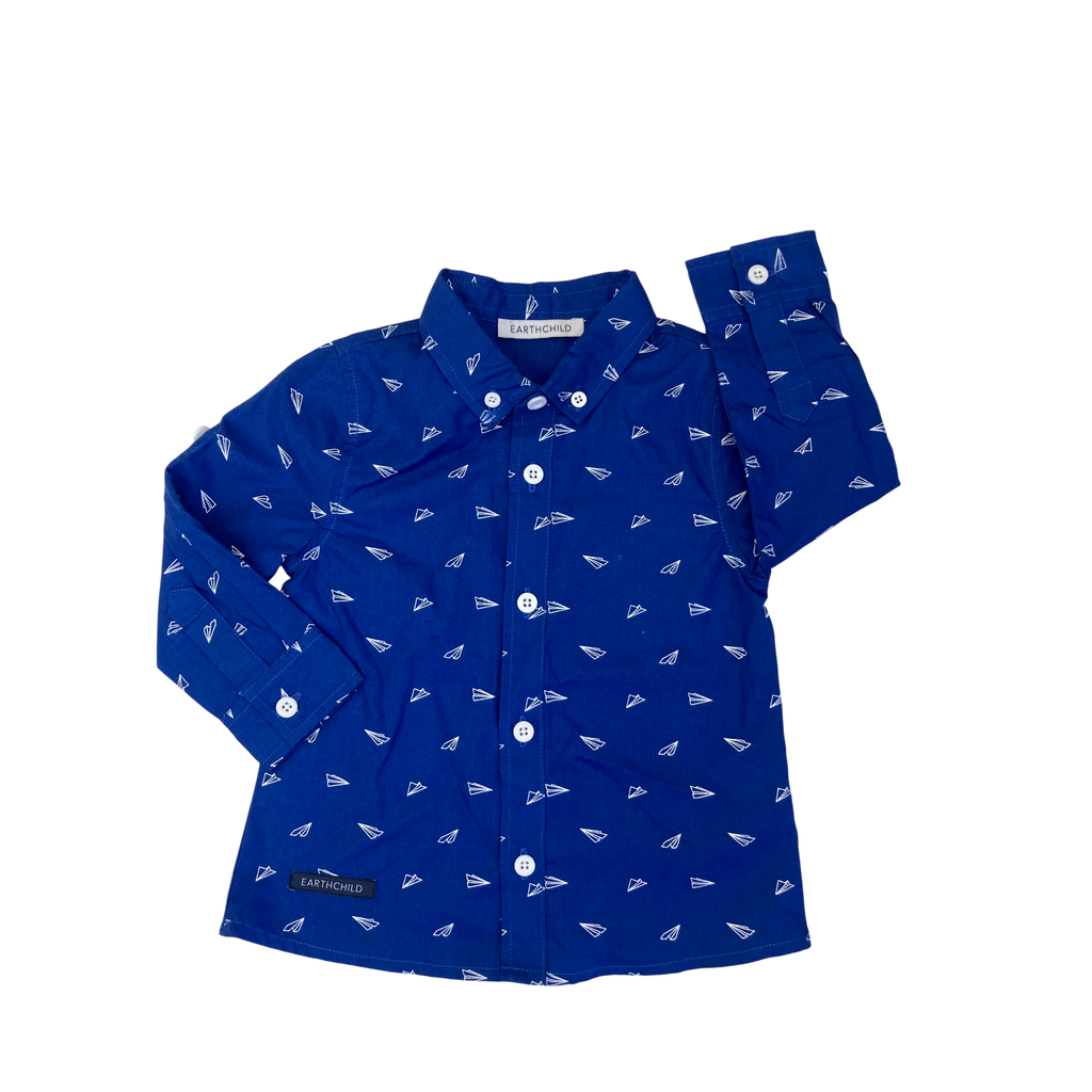 12-18M Dark Blue & White Paper Plane Button Shirt - Earthchild