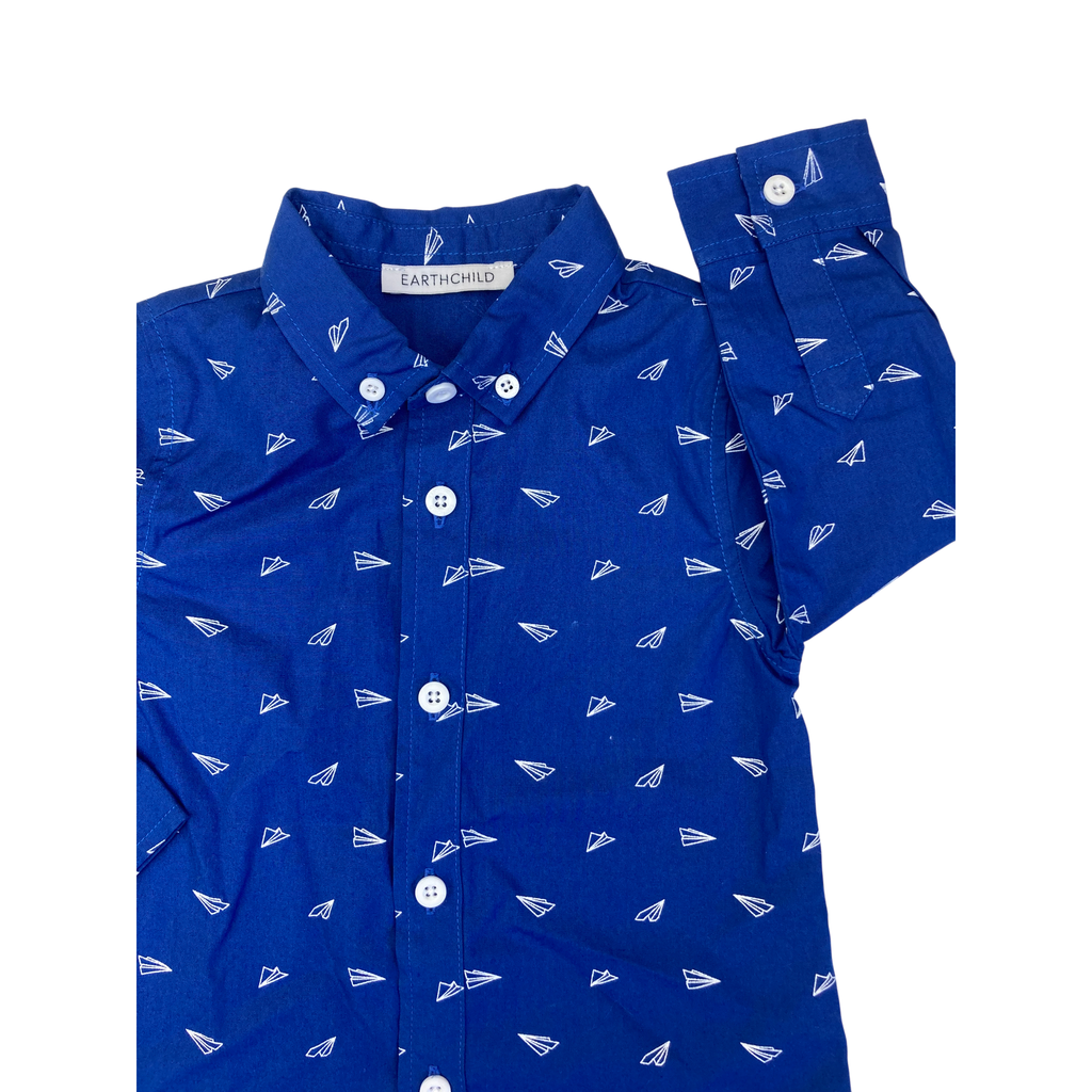 12-18M Dark Blue & White Paper Plane Button Shirt - Earthchild