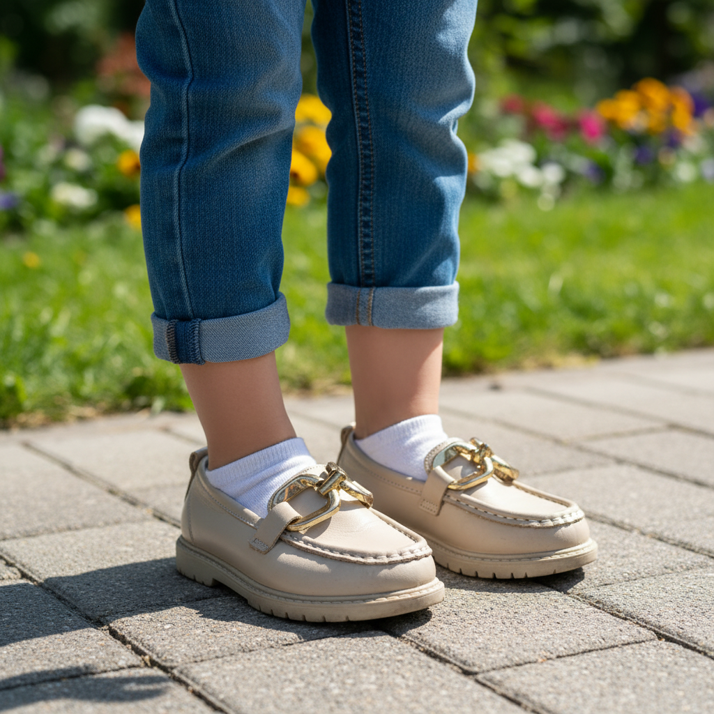 Size 8 Beige & gold girls loafers