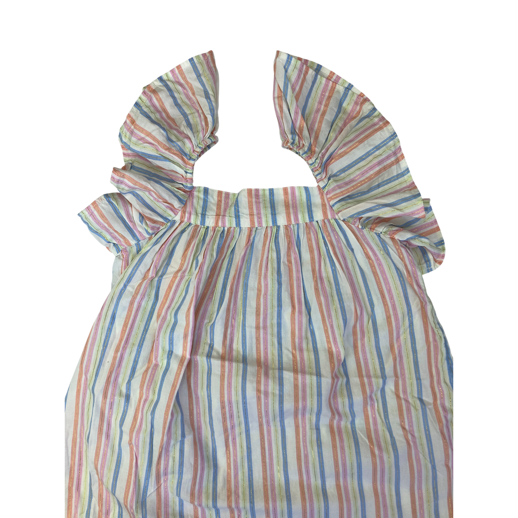 7Y White Pastel Stripe Flutter Sleeve Dress
