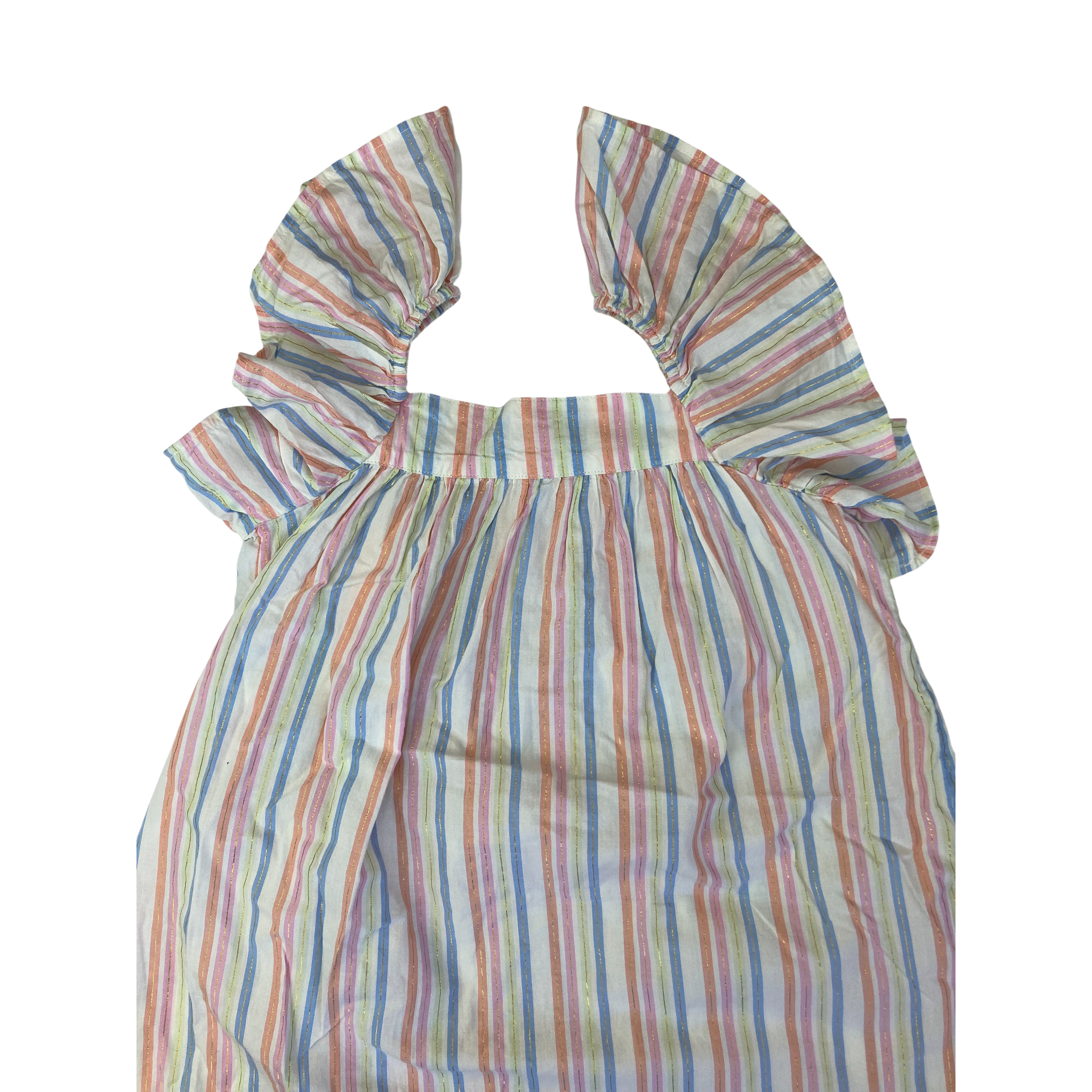 7Y White Pastel Stripe Flutter Sleeve Dress