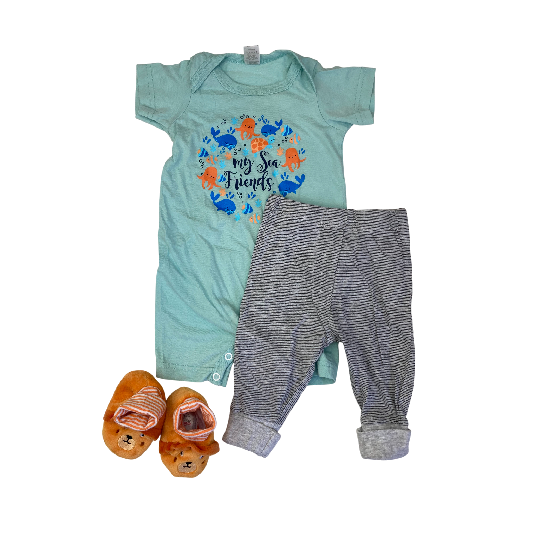 0-6M Aqua Romper, Leggings & Puppy Booties - Tiny Tots