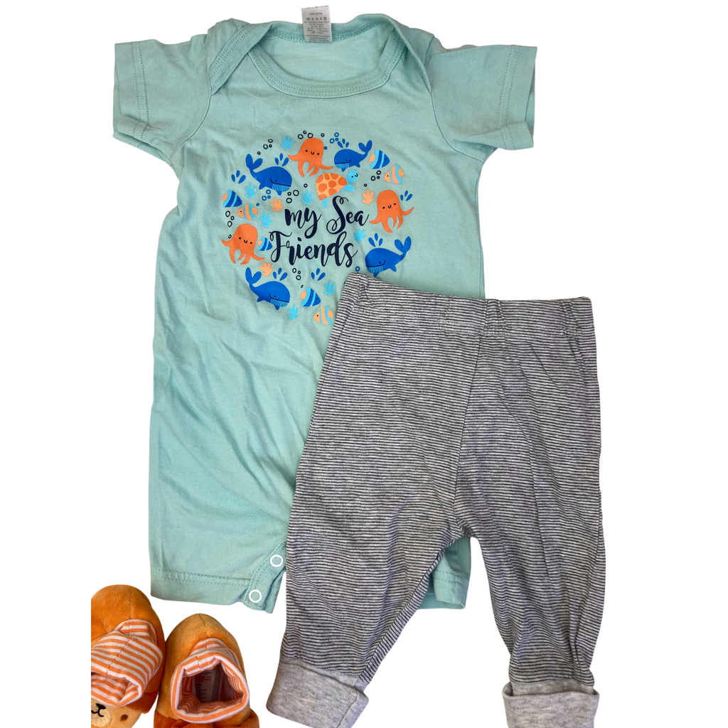 0-6M Aqua Romper, Leggings & Puppy Booties - Tiny Tots