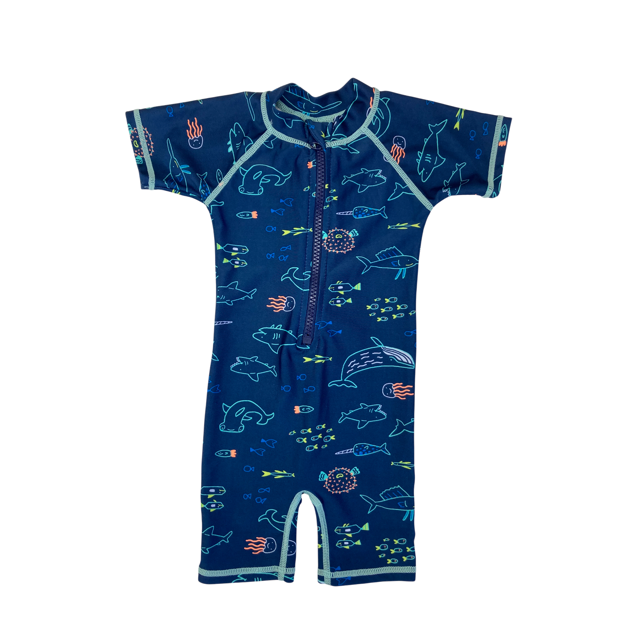 3-6M Navy Blue Sealife Zip Front Swimsuit - Woolworths