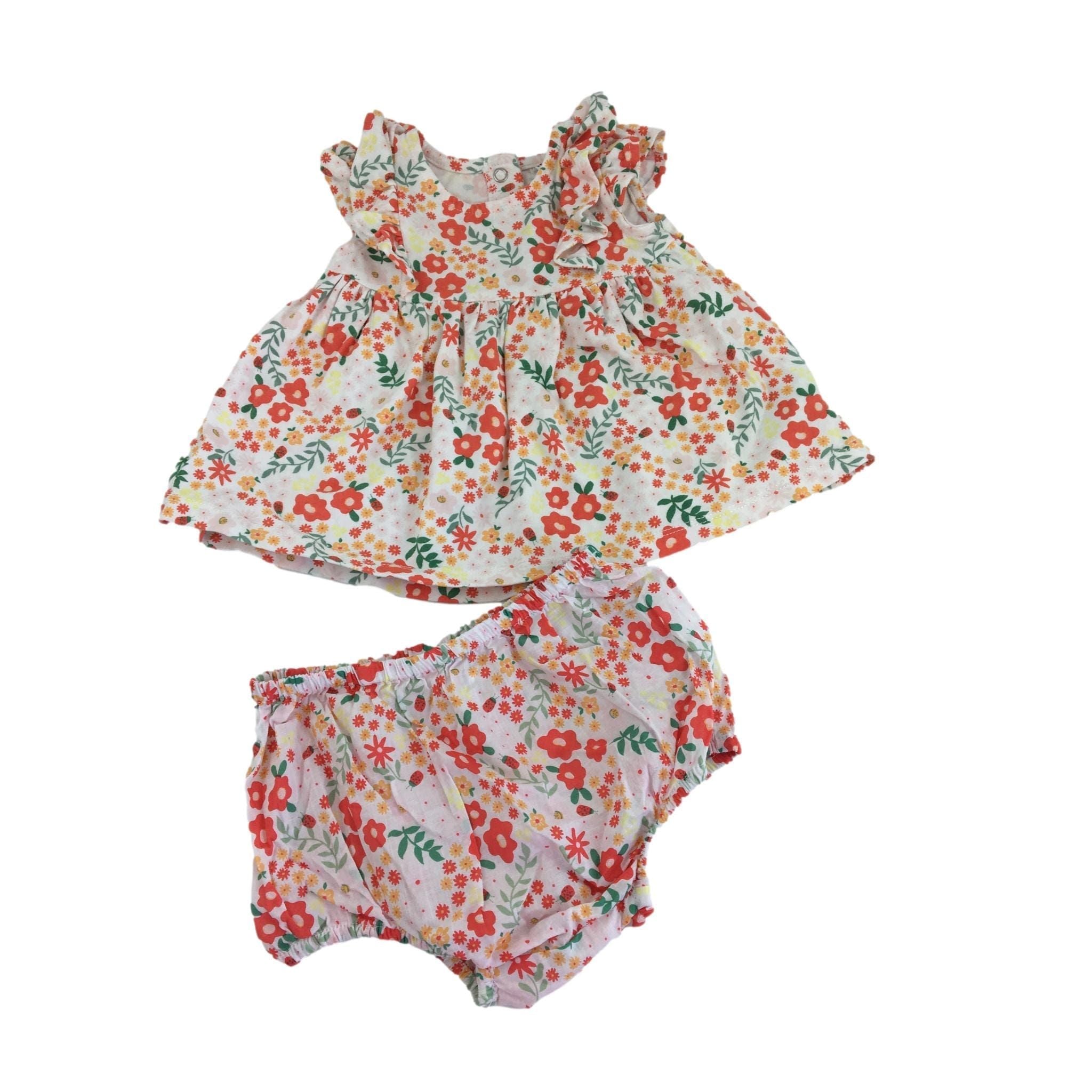 0-3M White-Red-Orange Floral Tunic & Bloomer - Cotton On