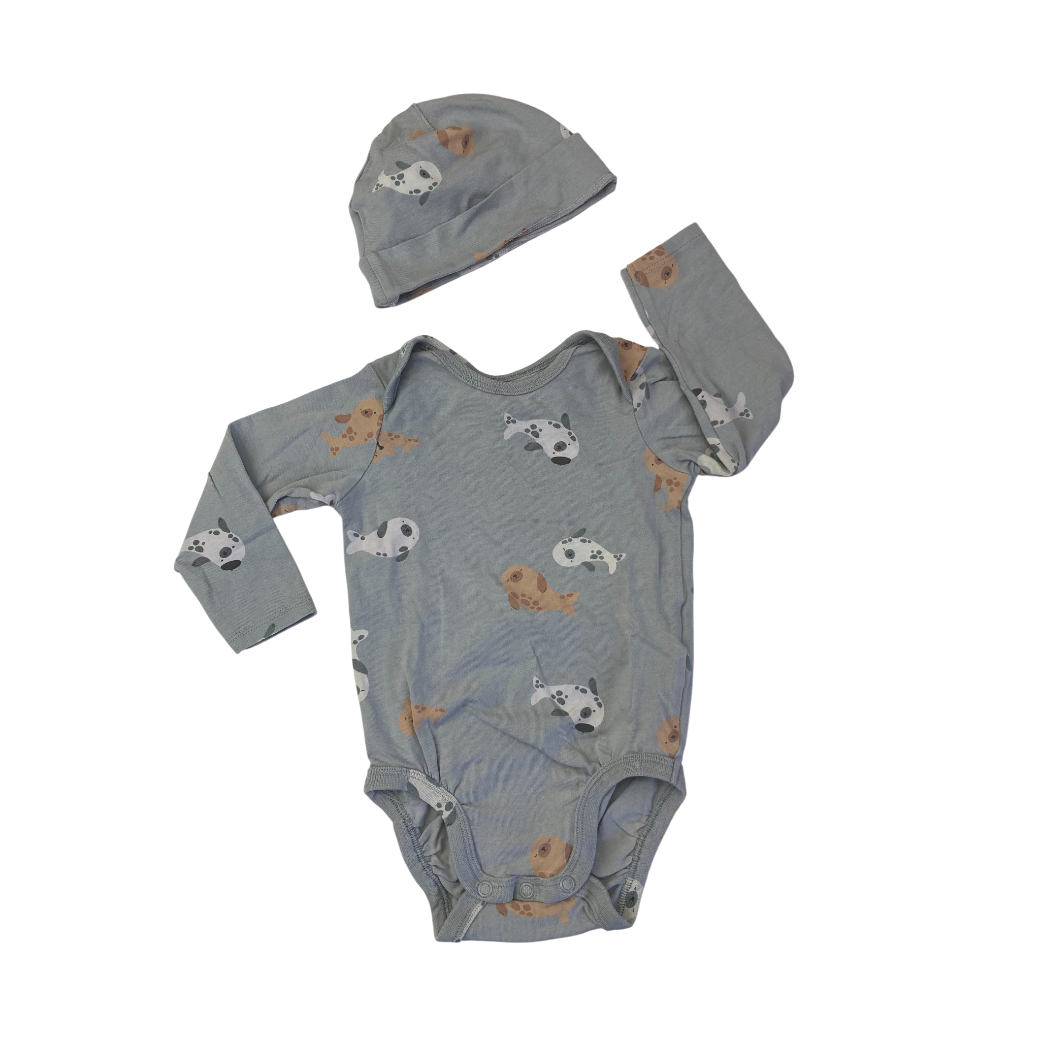 UK 4-6M Grey Seal Print Organic Cotton Bodysuit & Beanie - H&M
