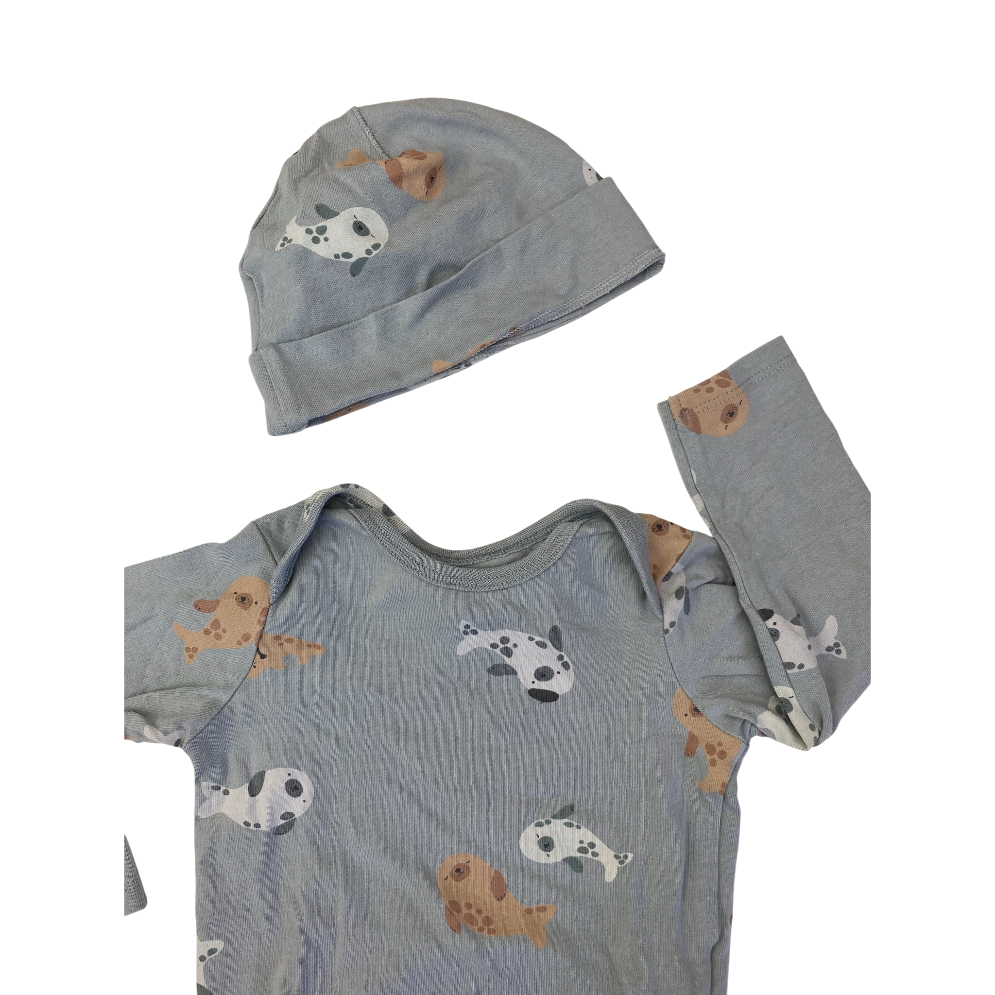 UK 4-6M Grey Seal Print Organic Cotton Bodysuit & Beanie - H&M