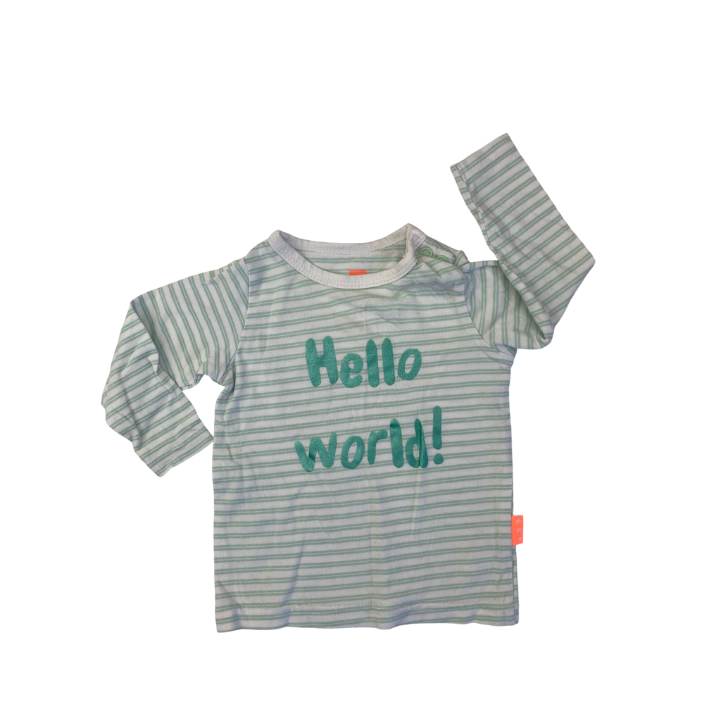 Newborn White & Green Stripe "Hello World" Long Sleeve T Shirt - Hema