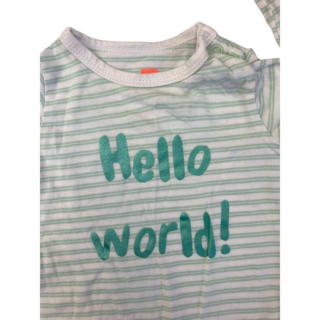 Newborn White & Green Stripe "Hello World" Long Sleeve T Shirt - Hema