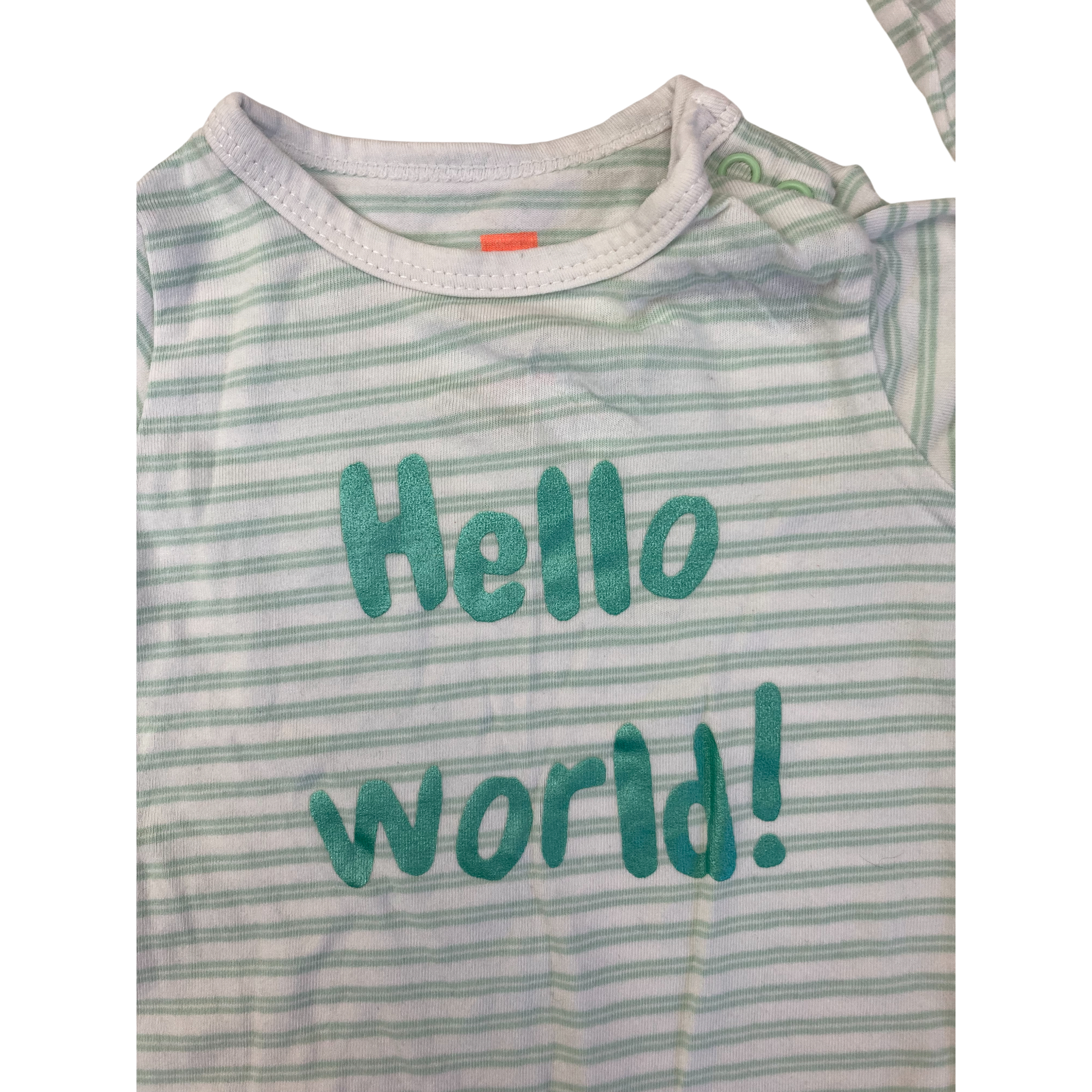 Newborn White & Green Stripe "Hello World" Long Sleeve T Shirt - Hema