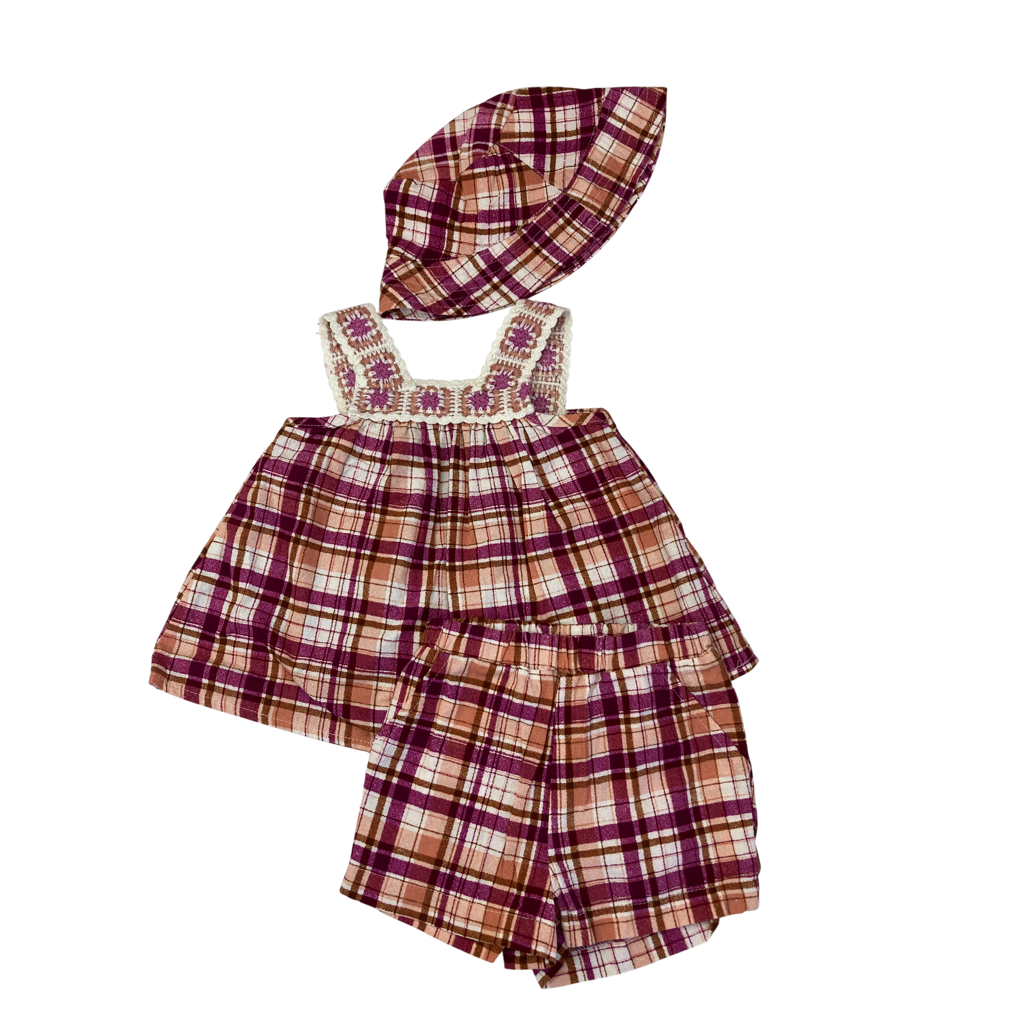 3-6M Cream, Purple & Peach Gingham Top, Shorts & Hat - Ackermans
