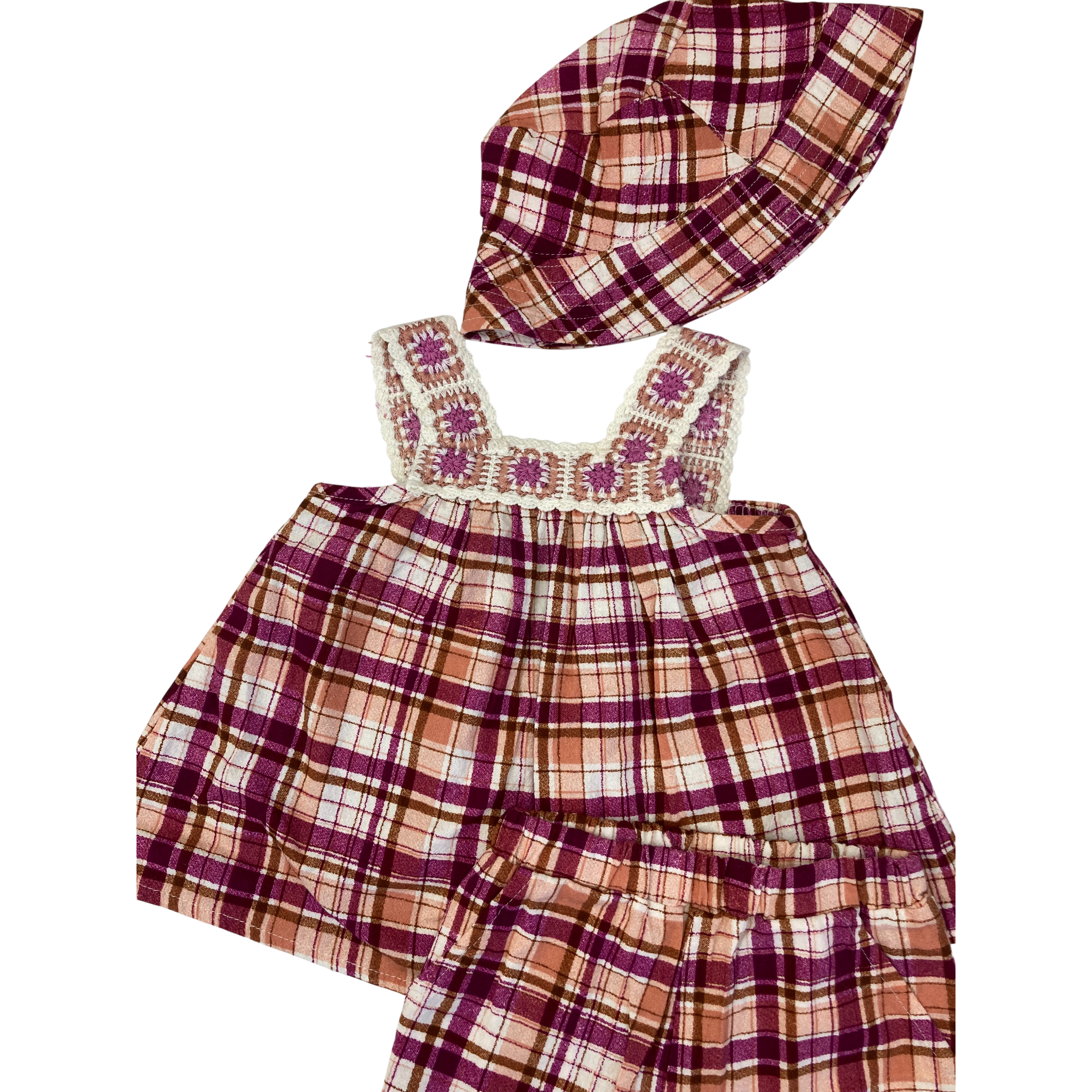 3-6M Cream, Purple & Peach Gingham Top, Shorts & Hat - Ackermans