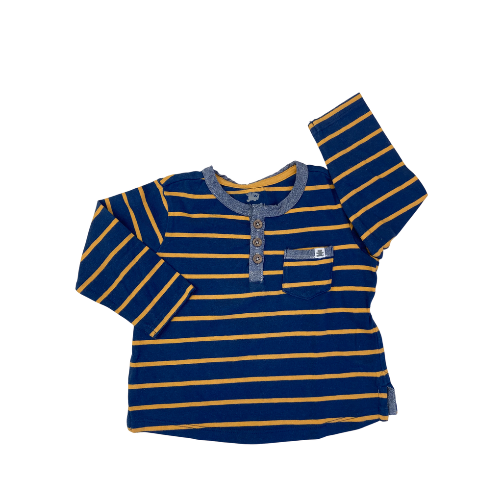 6-12M Navy Blue & Yellow Stripe Long Sleeve Henley - Woolworths