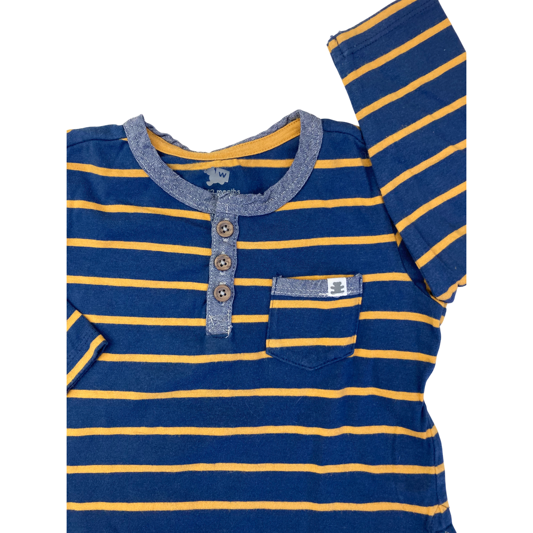 6-12M Navy Blue & Yellow Stripe Long Sleeve Henley - Woolworths