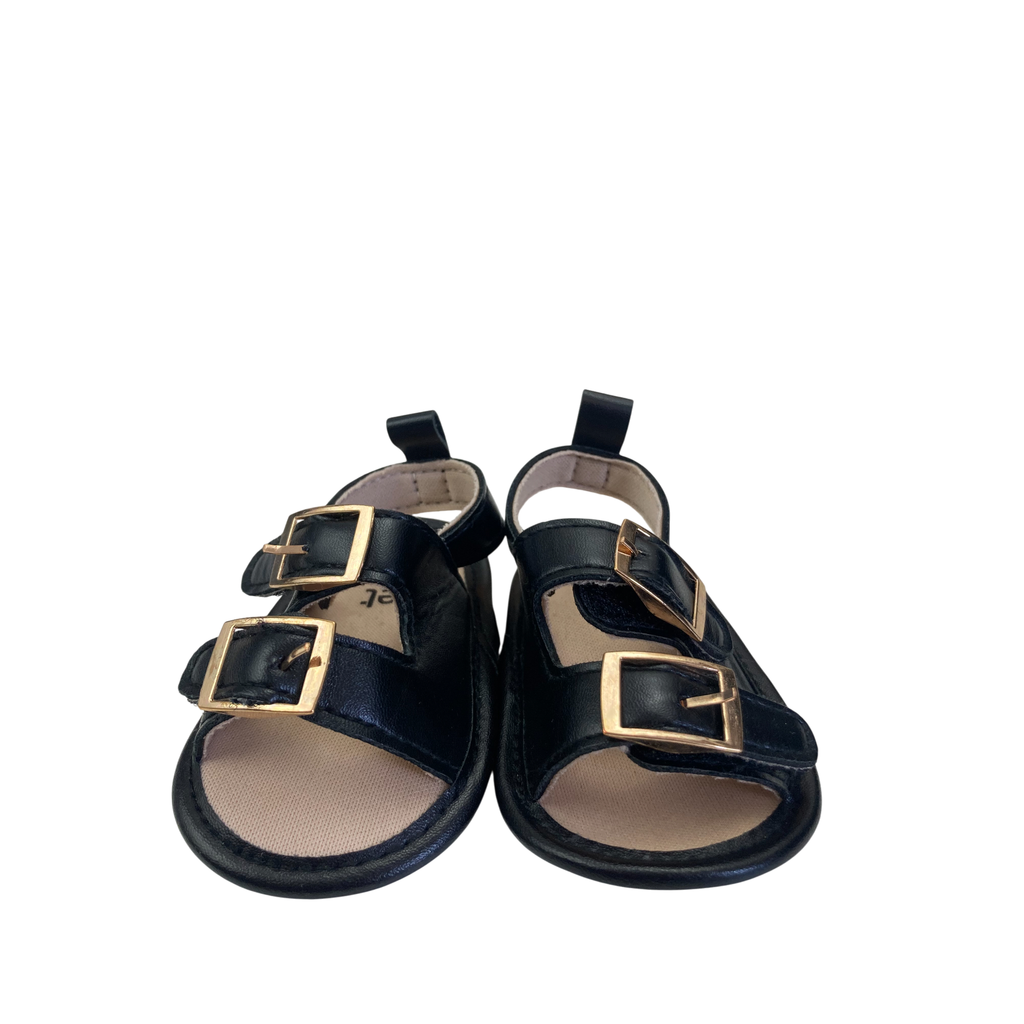 Size 0 - Black Pleather Double Buckle Sandals - Jet