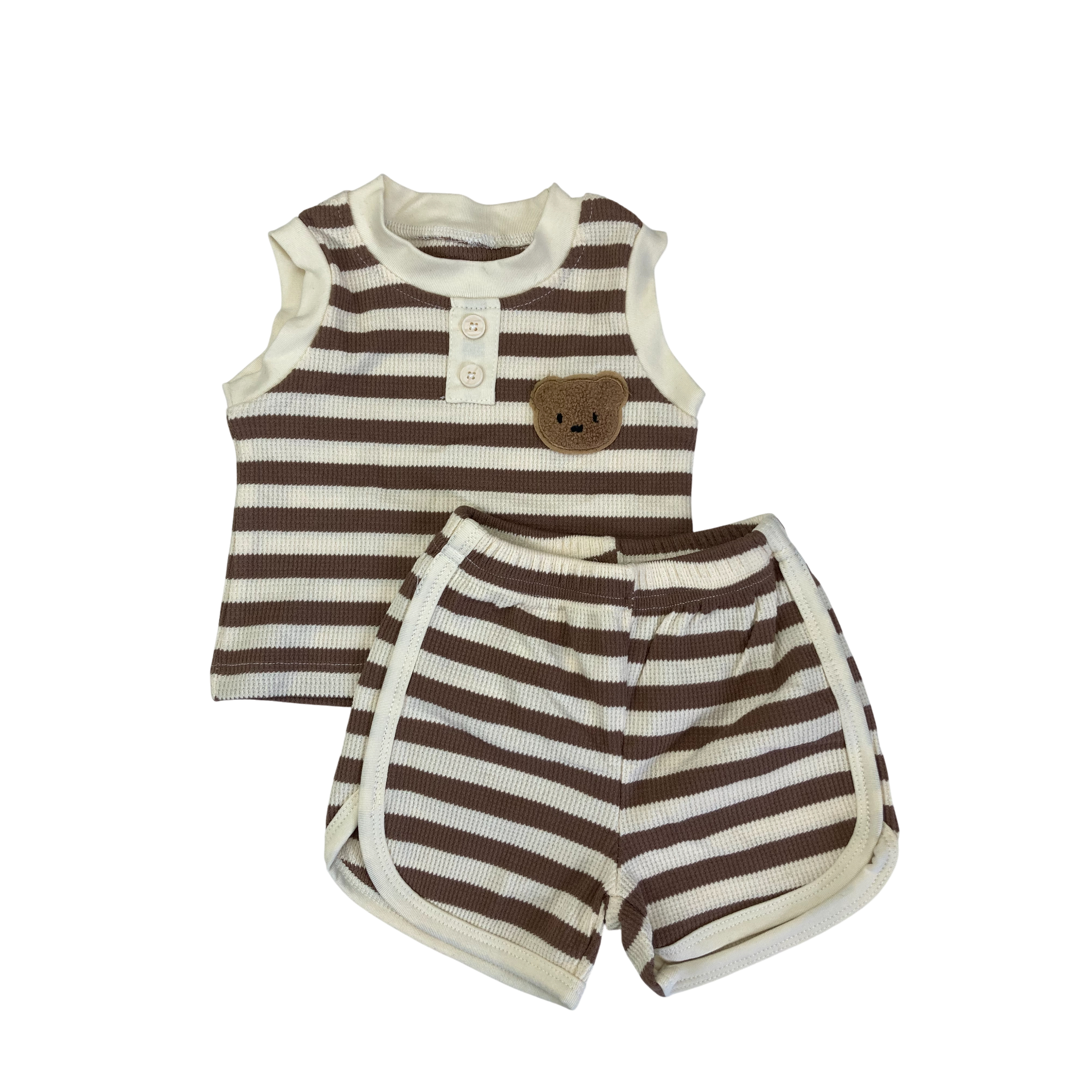 6-12M Cream & Brown Terry Sleeveless Top & Shorts - Shein