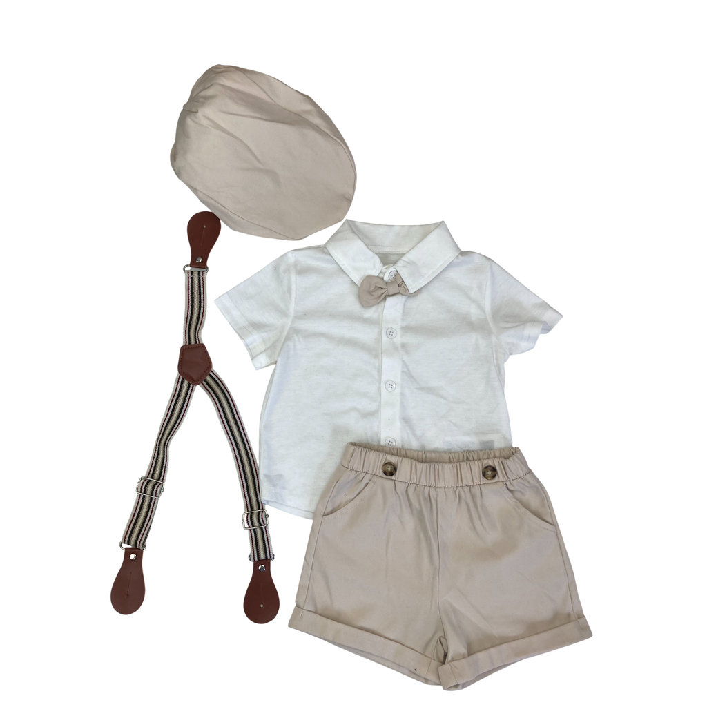 9-12M Cream Suspender Shorts, Shirt & Newsboy Cap - Shein
