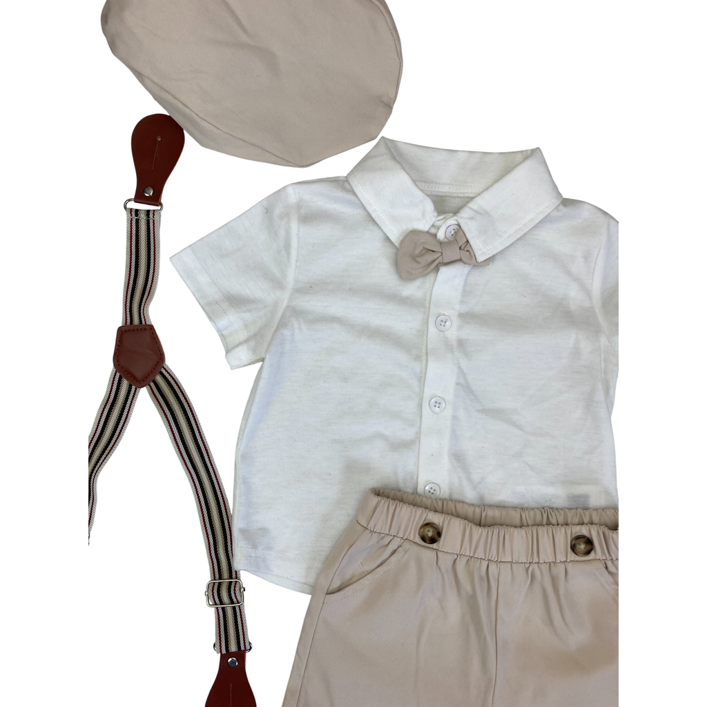 9-12M Cream Suspender Shorts, Shirt & Newsboy Cap - Shein