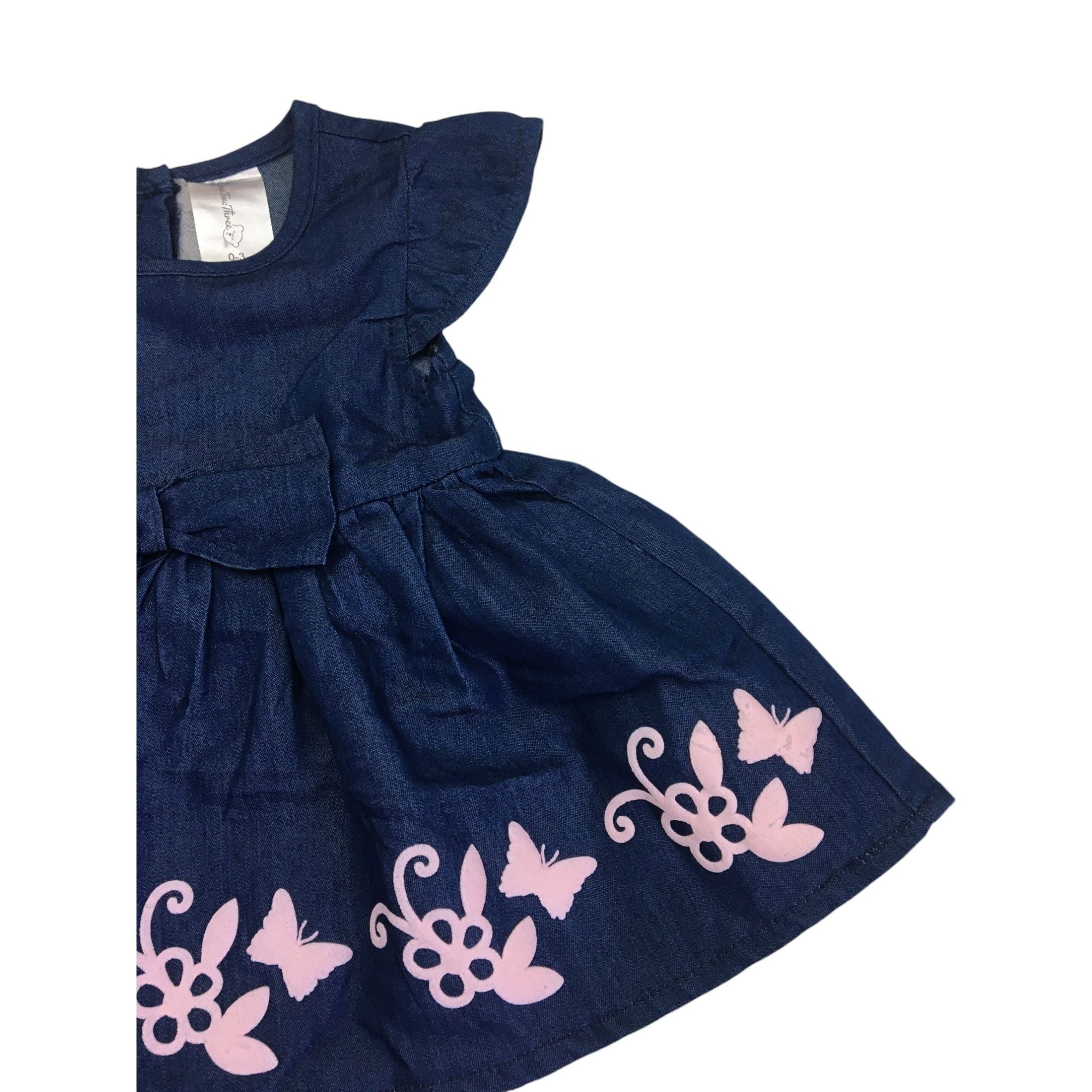 0-3M Dark Blue Denim Butterfly Trim Dress - OneTwoThree