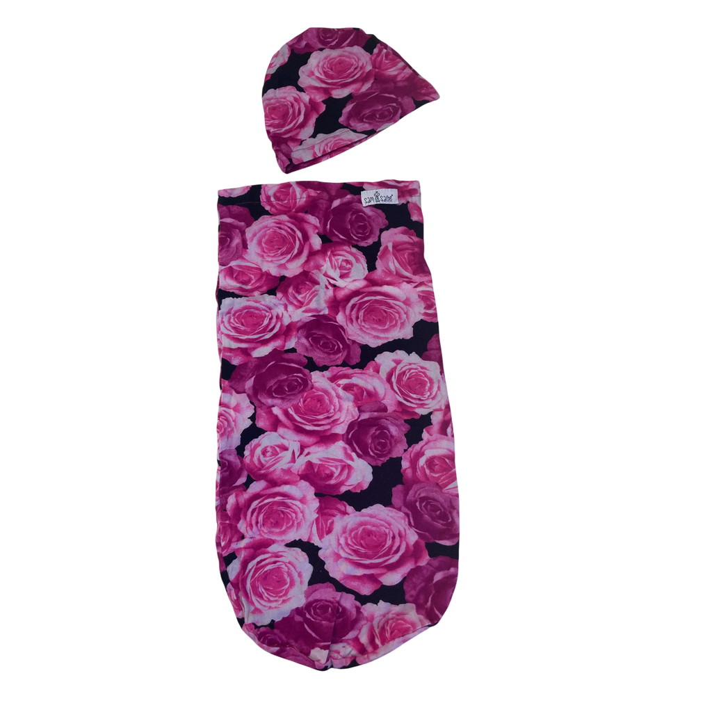 NB Pink & Black Rose Swaddle Sock & Beanie - Sam & Sage