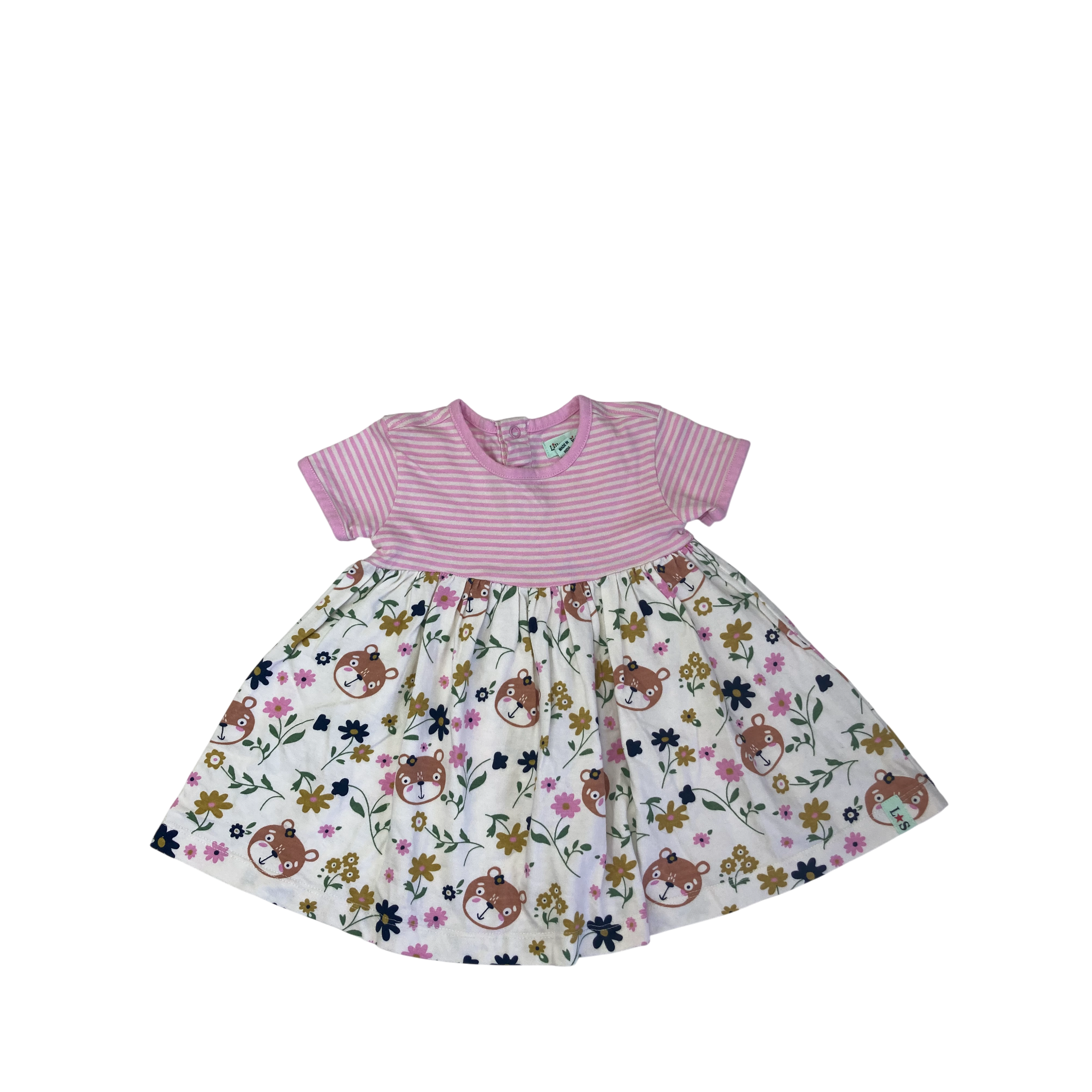6-12M Pink & Cream Stripe & Floral Organic Cotton Dress - Lilly + Sid