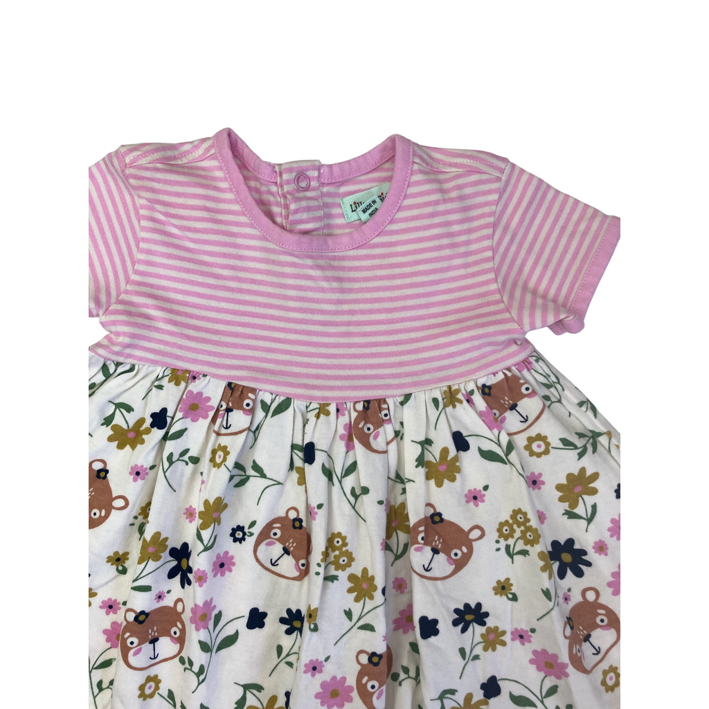 6-12M Pink & Cream Stripe & Floral Organic Cotton Dress - Lilly + Sid