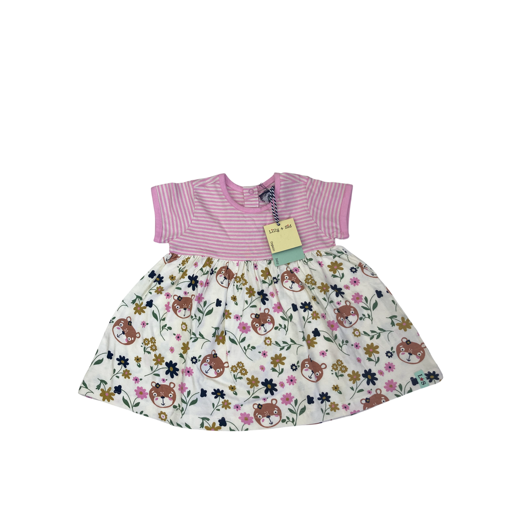 3-6M Pink & Cream Stripe & Floral Organic Cotton Dress - Lilly + Sid