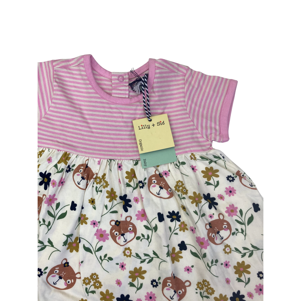 3-6M Pink & Cream Stripe & Floral Organic Cotton Dress - Lilly + Sid