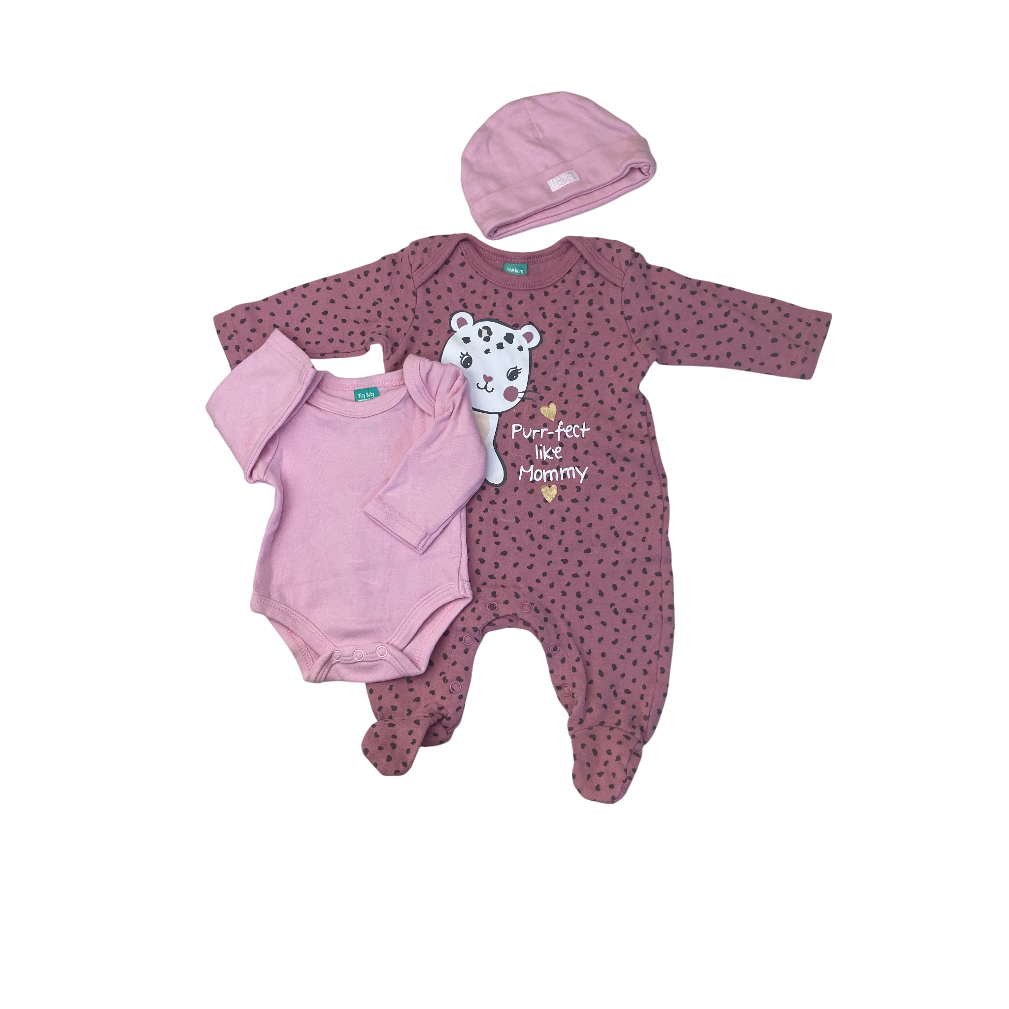 Prem Mauve Dotted Onesie, Beanie & Bodysuit - Ackermans